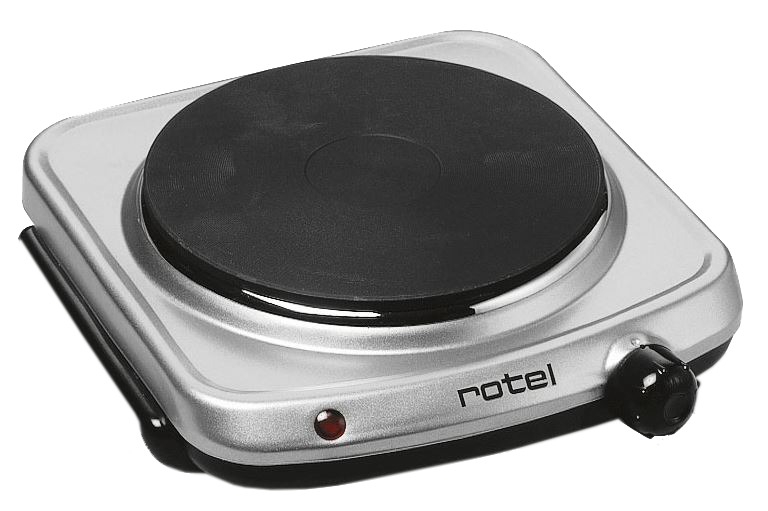 Eine silberne elektrische Kochplatte mit schwarzem Heizelement, roter Kontrollleuchte und Drehknopf.