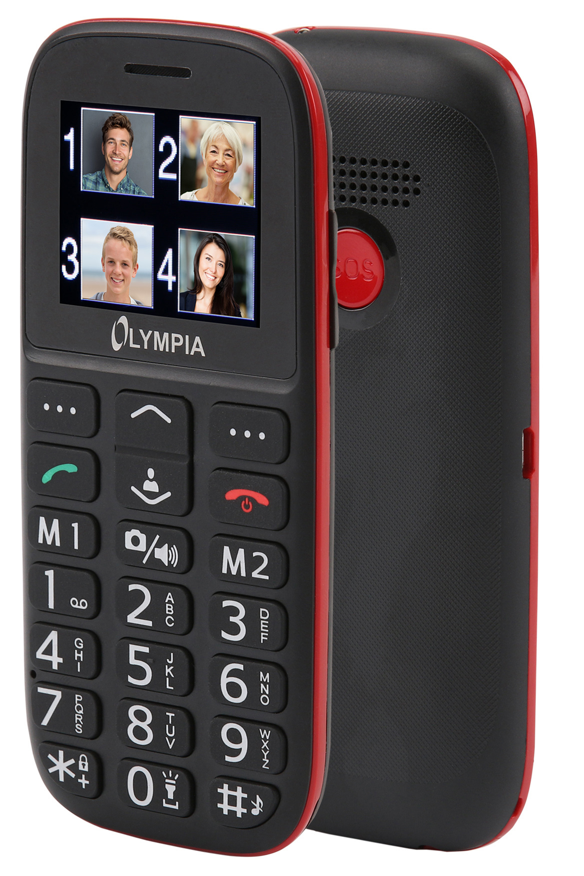 Olympia-Telefon mit vier Kontaktfotos und roten Akzenten, schwarzes Gehäuse.