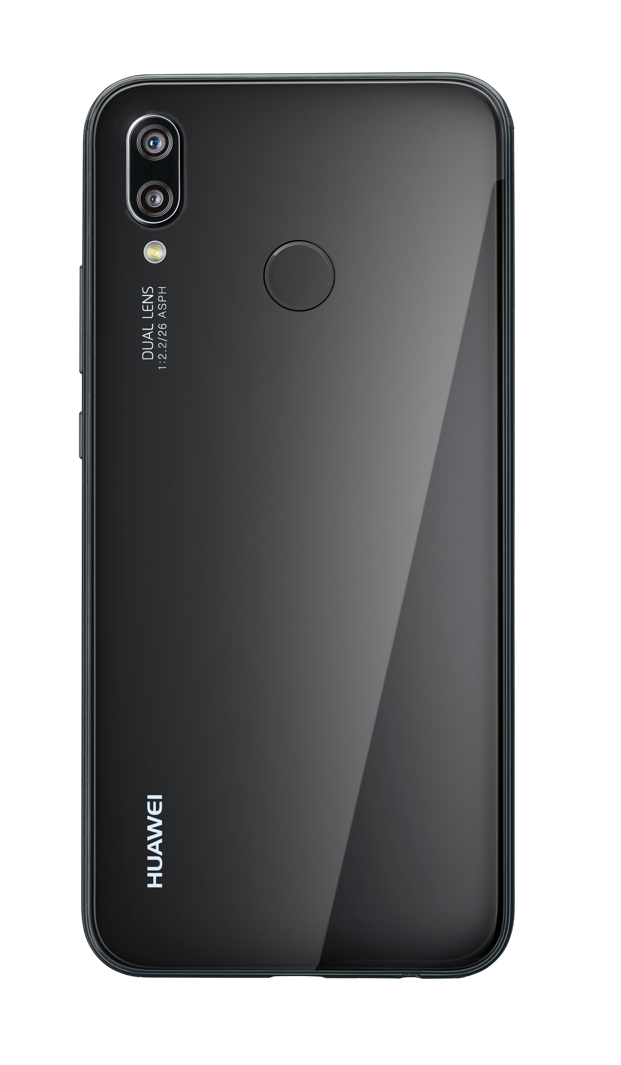 Die Rückseite eines schwarzen Smartphones. Es hat eine Dual-Objektiv-Kamera und einen Fingerabdrucksensor. Huawei-Logo.