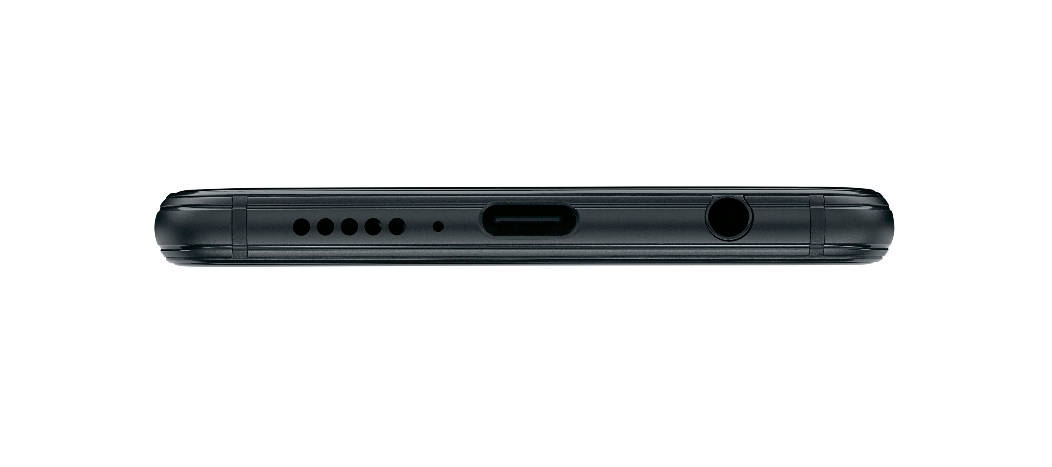 Unteransicht eines schwarzen Smartphones mit Anschlüssen und Löchern, auf weißem Hintergrund.