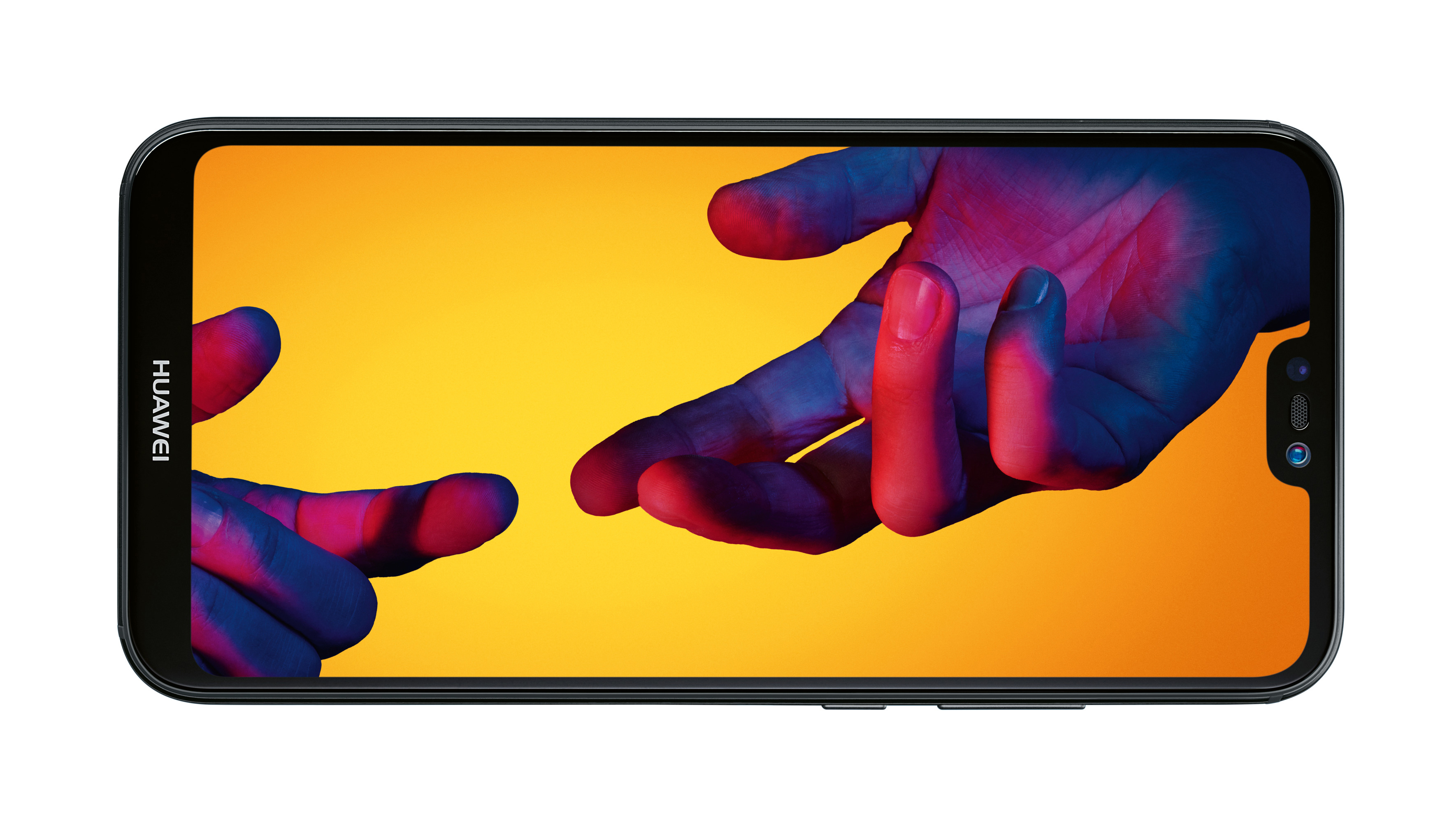 Ein Huawei-Telefon zeigt Hände, die sich auf einem Bildschirm mit orangefarbenem und blauem Hintergrund ausstrecken.
