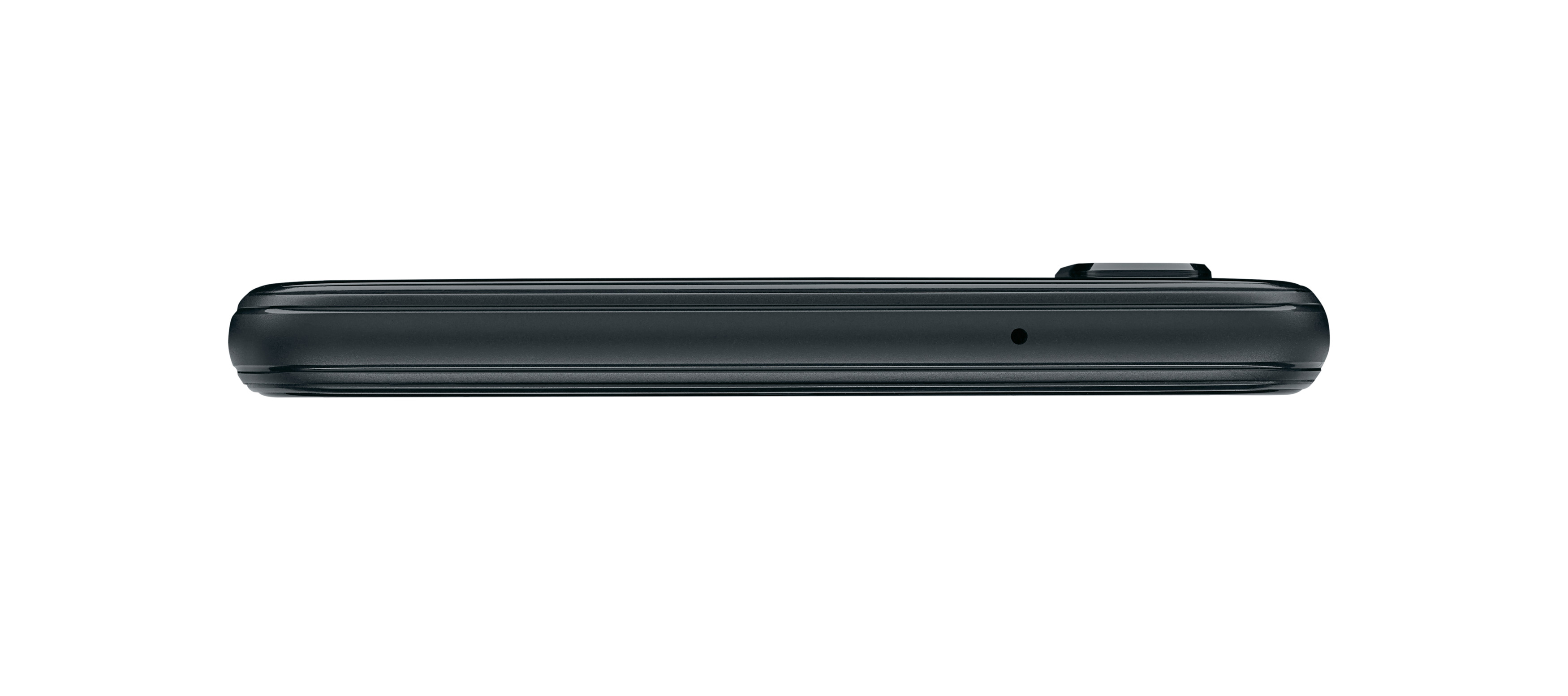 Ein dunkelgraues Smartphone. Der untere Rand des Telefons ist vor weißem Hintergrund sichtbar.