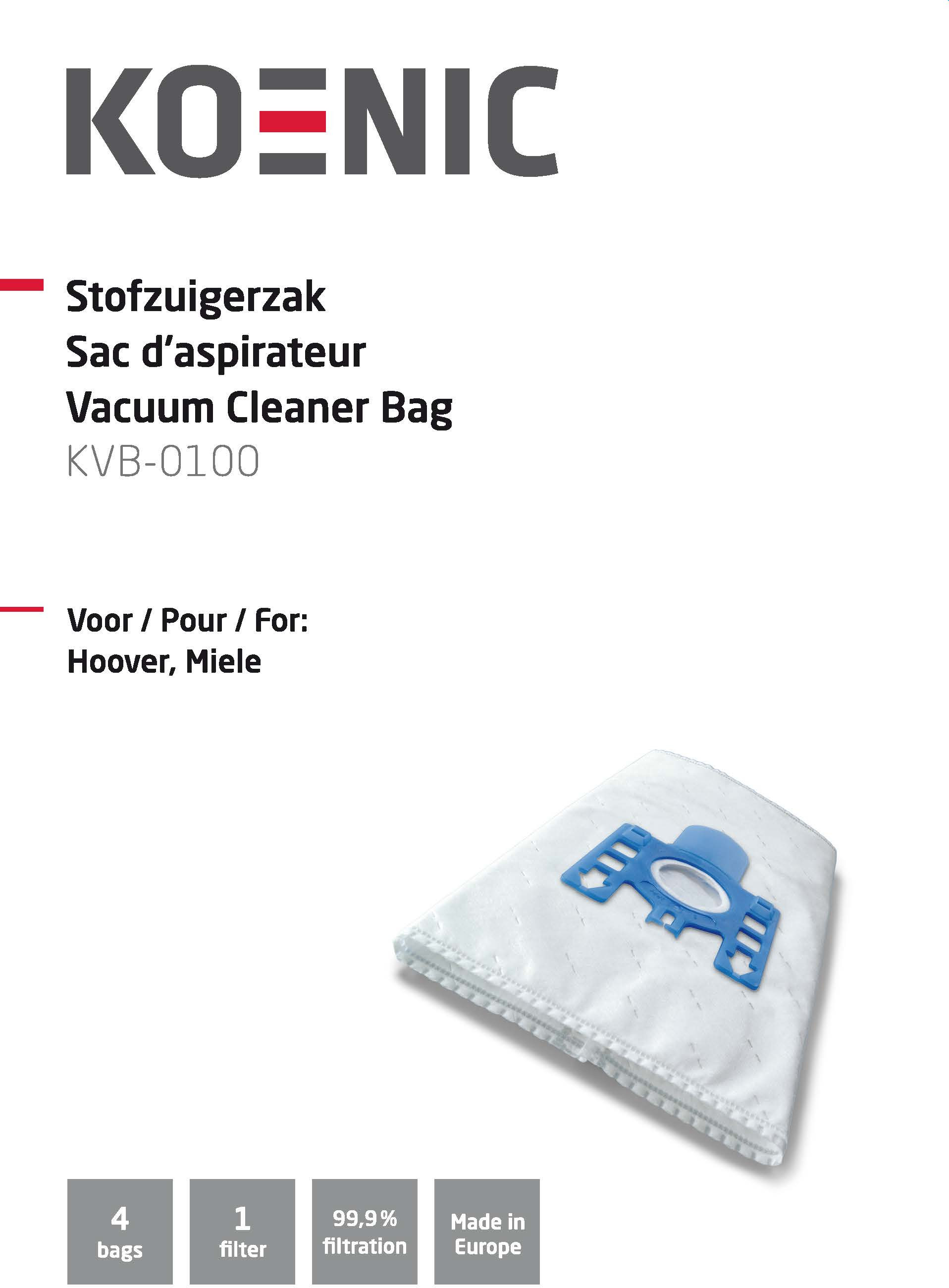Stofzuigerzak, wit met blauwe plastic houder. Tekst in het Engels, Duits, Frans, op een witte achtergrond.