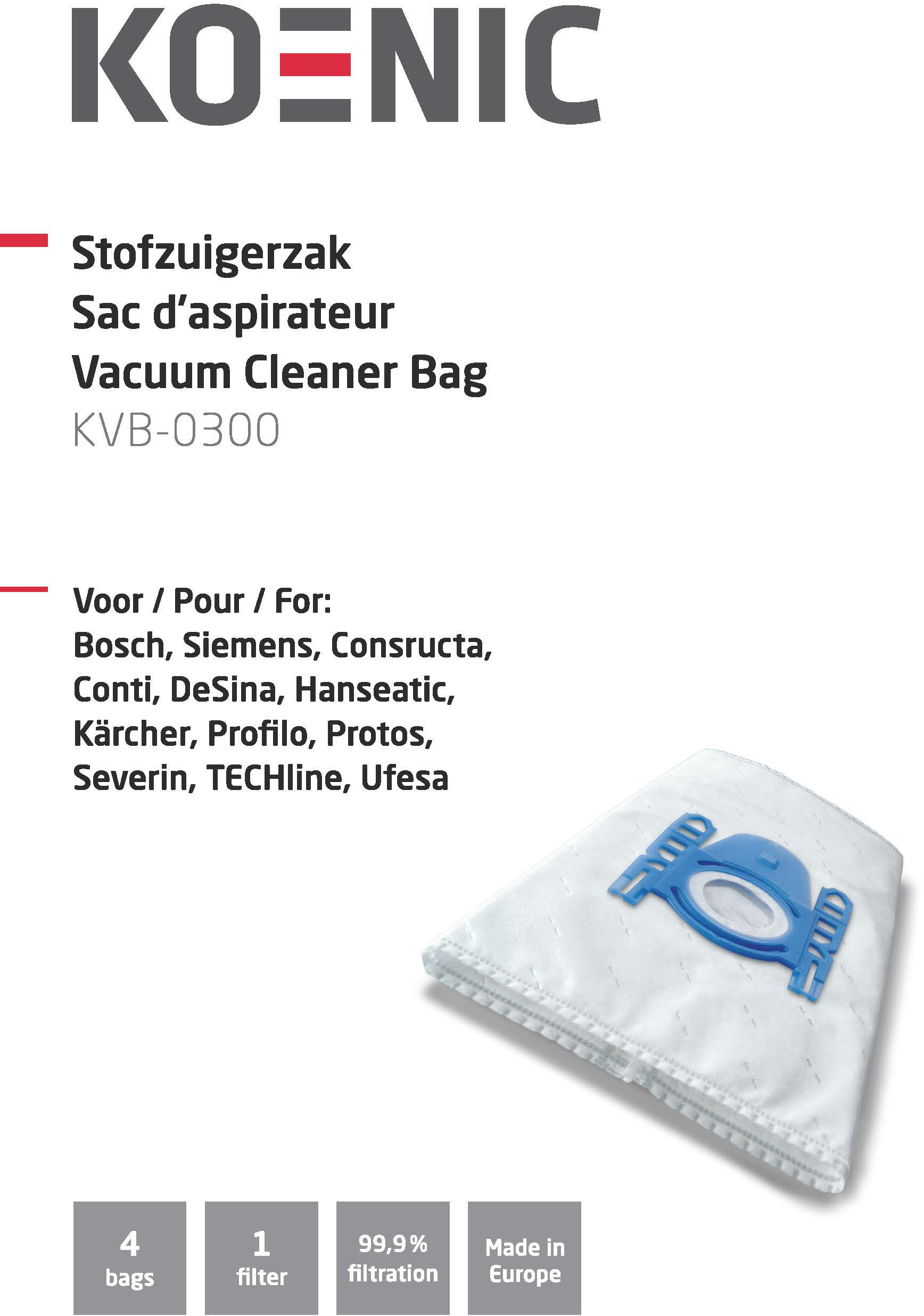 Een witte stofzuigerzak met blauwe accenten, tekst in meerdere talen.