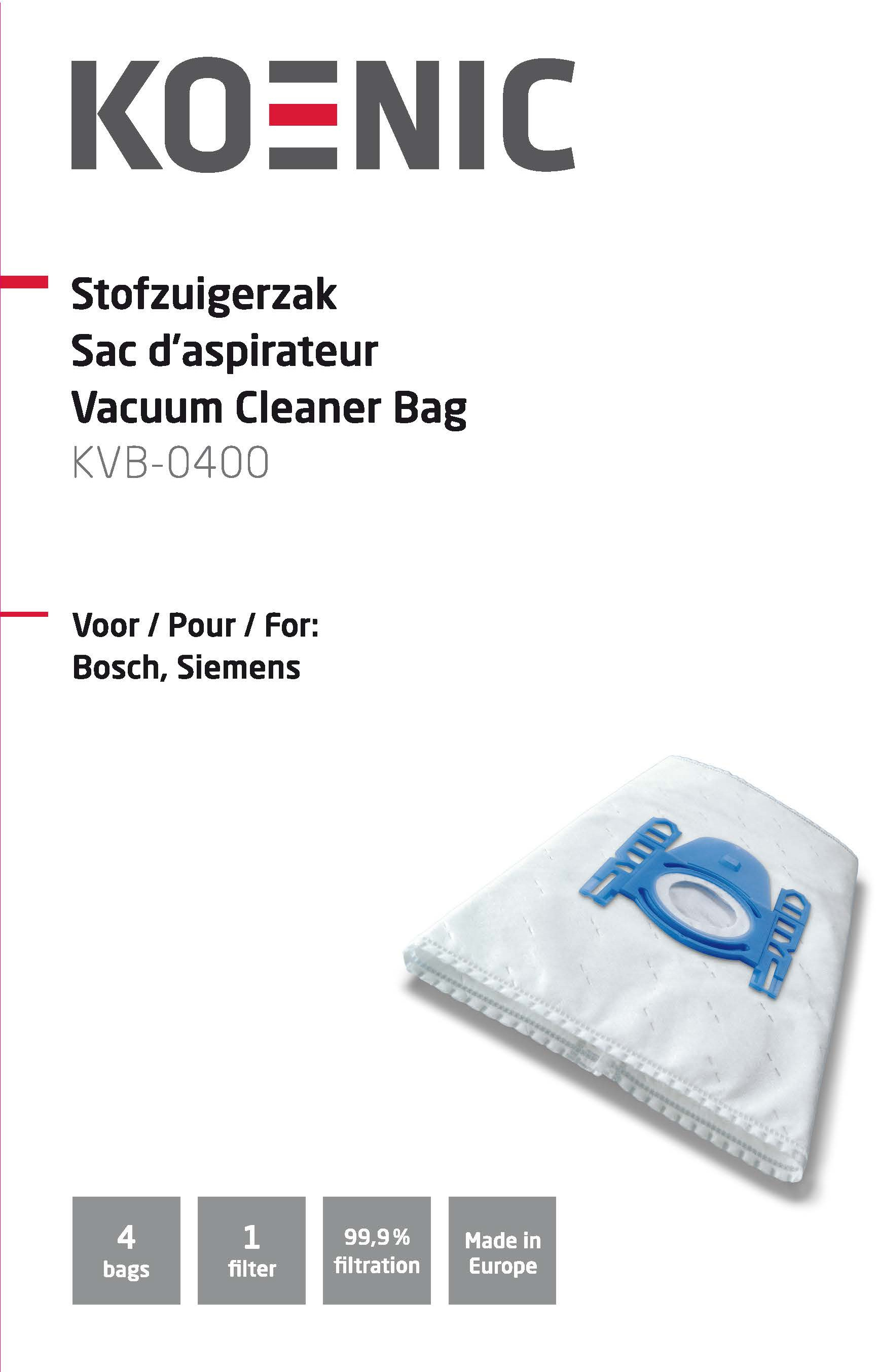Emballage de sac d'aspirateur. Texte en plusieurs langues. Détails sur les sacs et la filtration.