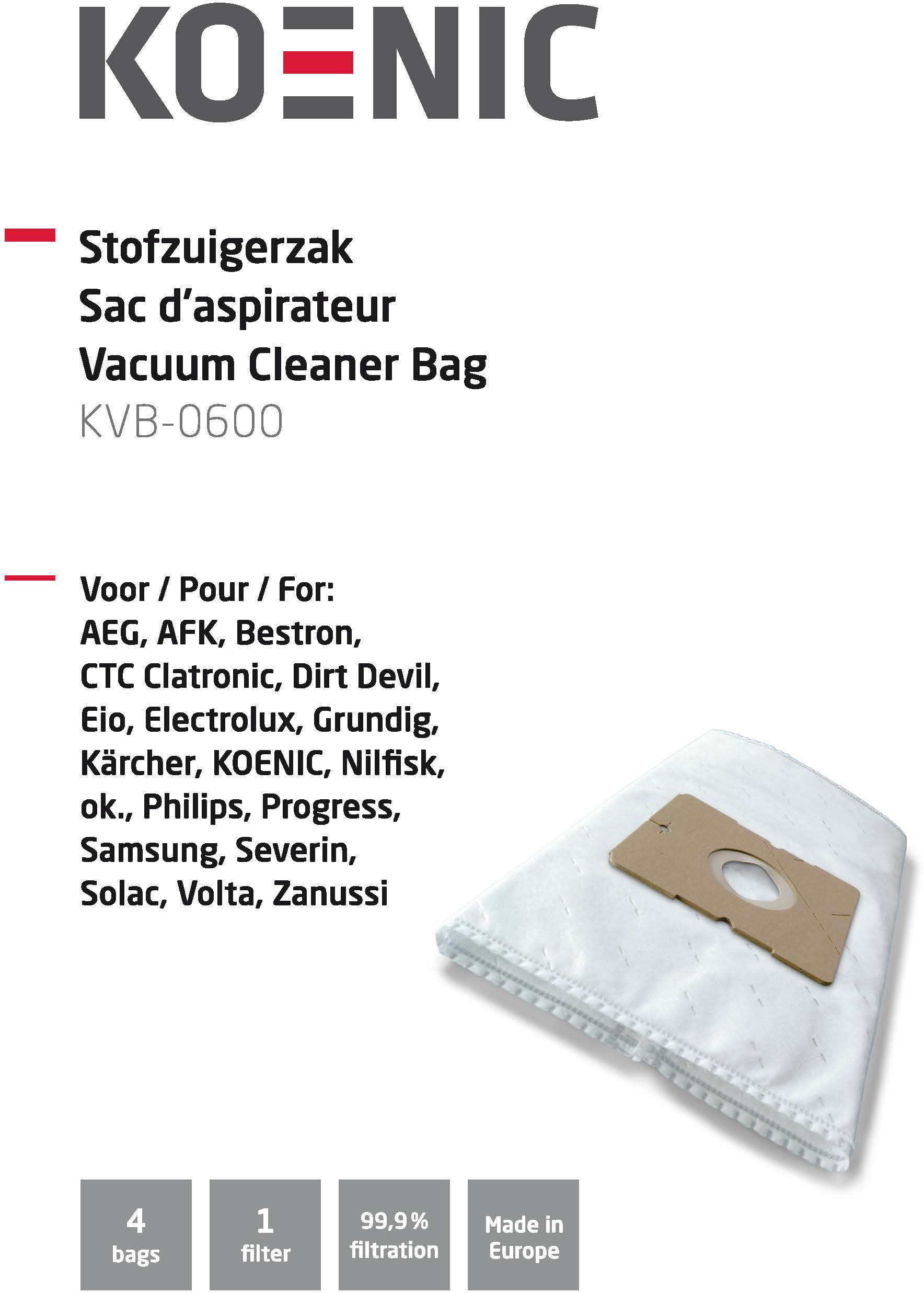 Een stofzuigerzakverpakking. Het heeft een witte zak en tekst in meerdere talen.