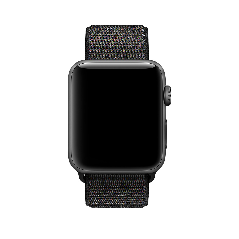 Eine Apple Watch mit schwarzem Bildschirm und einem dunkelgrauen Stoffband.