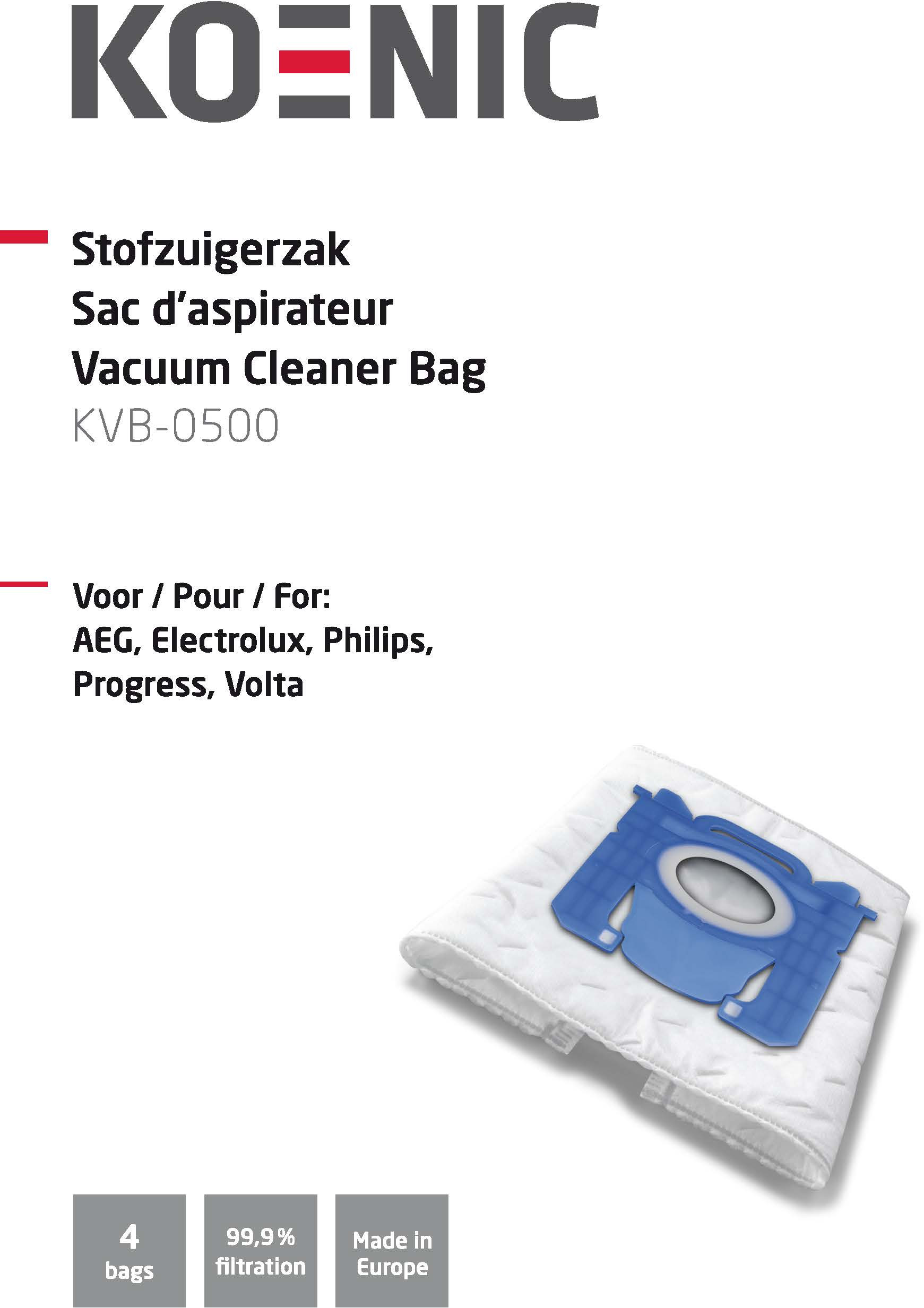 Emballage de sac d'aspirateur avec texte multilingue et illustration du sac.