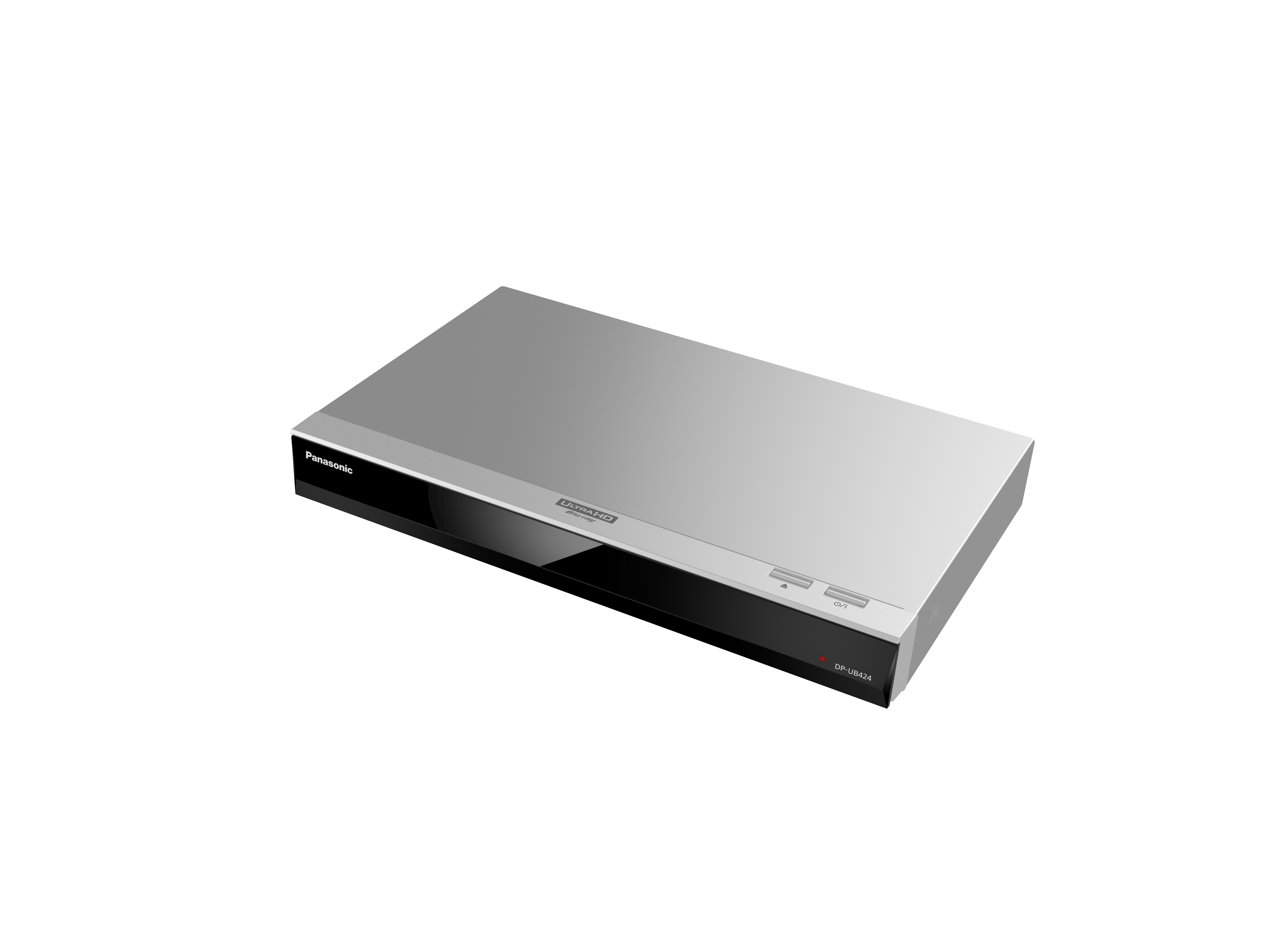Silberner Panasonic Blu-ray-Player mit schwarzer Blende auf weißem Hintergrund. Das Modell ist sichtbar.