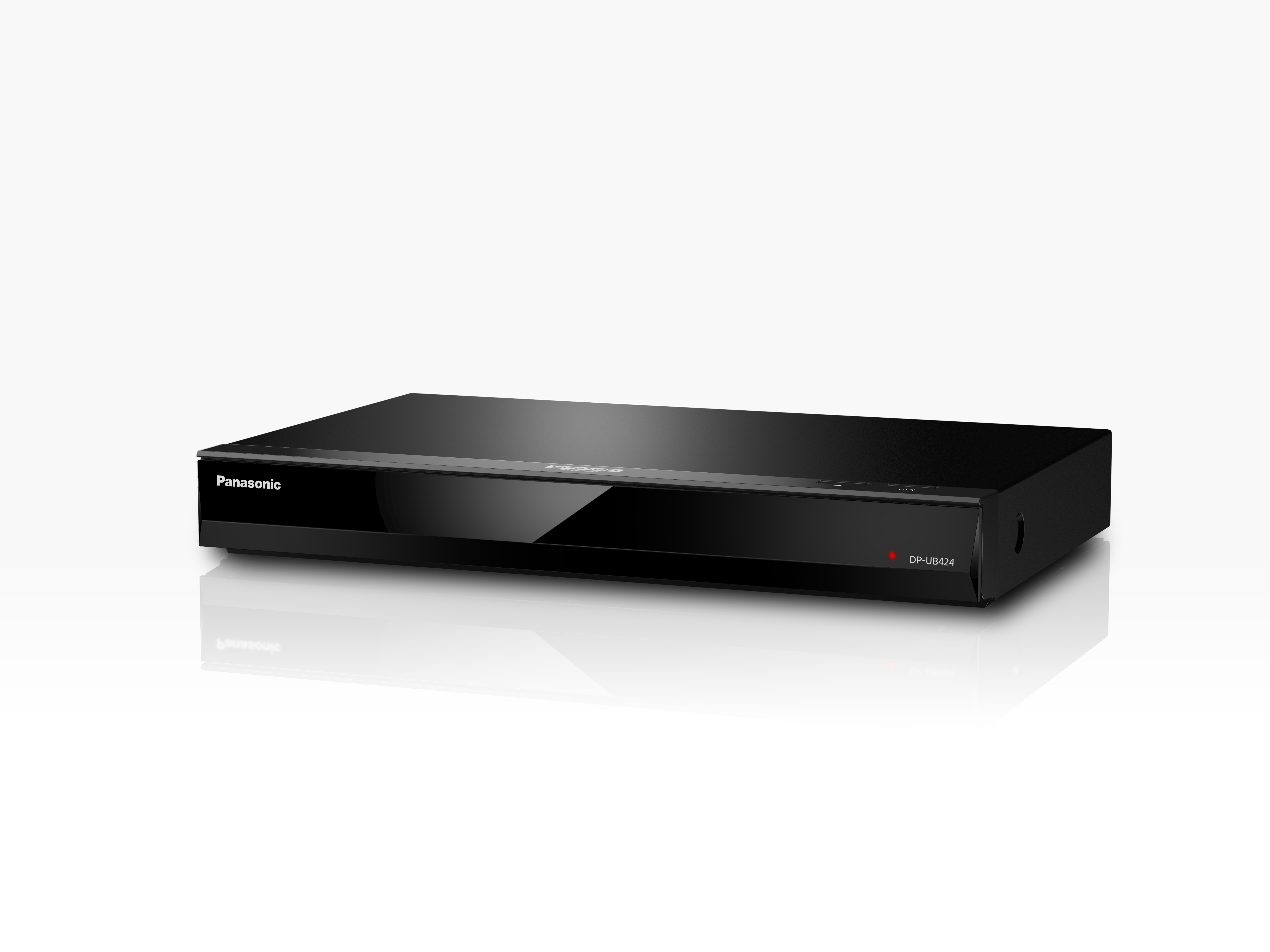 Ein schwarzer DVD-Player mit roter Betriebsanzeige.
