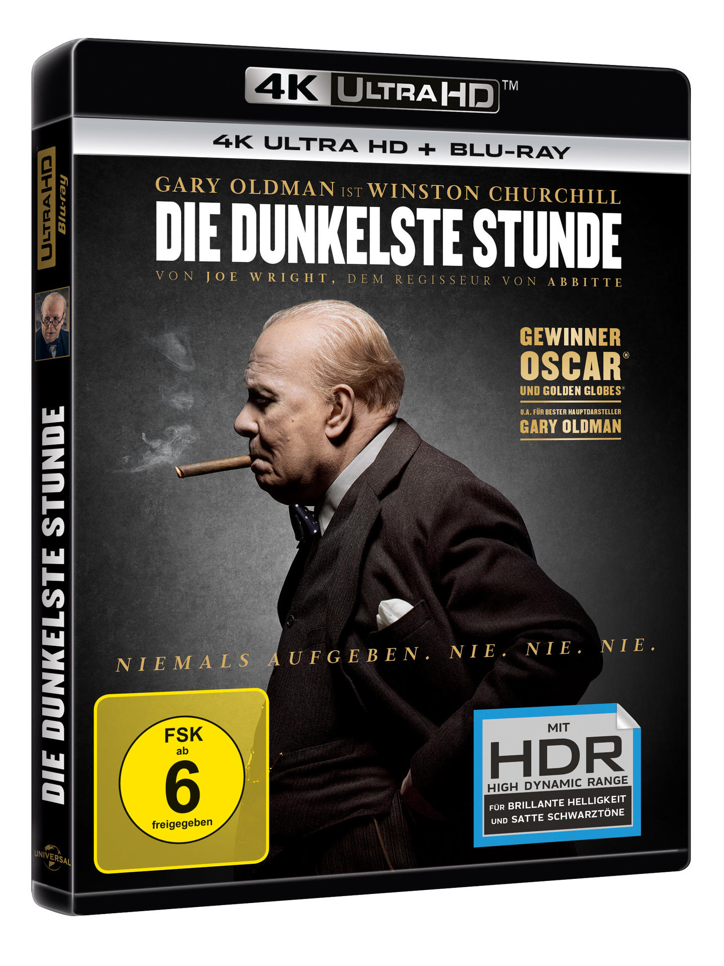 Filmcover für Darkest Hour mit Gary Oldman als Churchill, der eine Zigarre raucht.