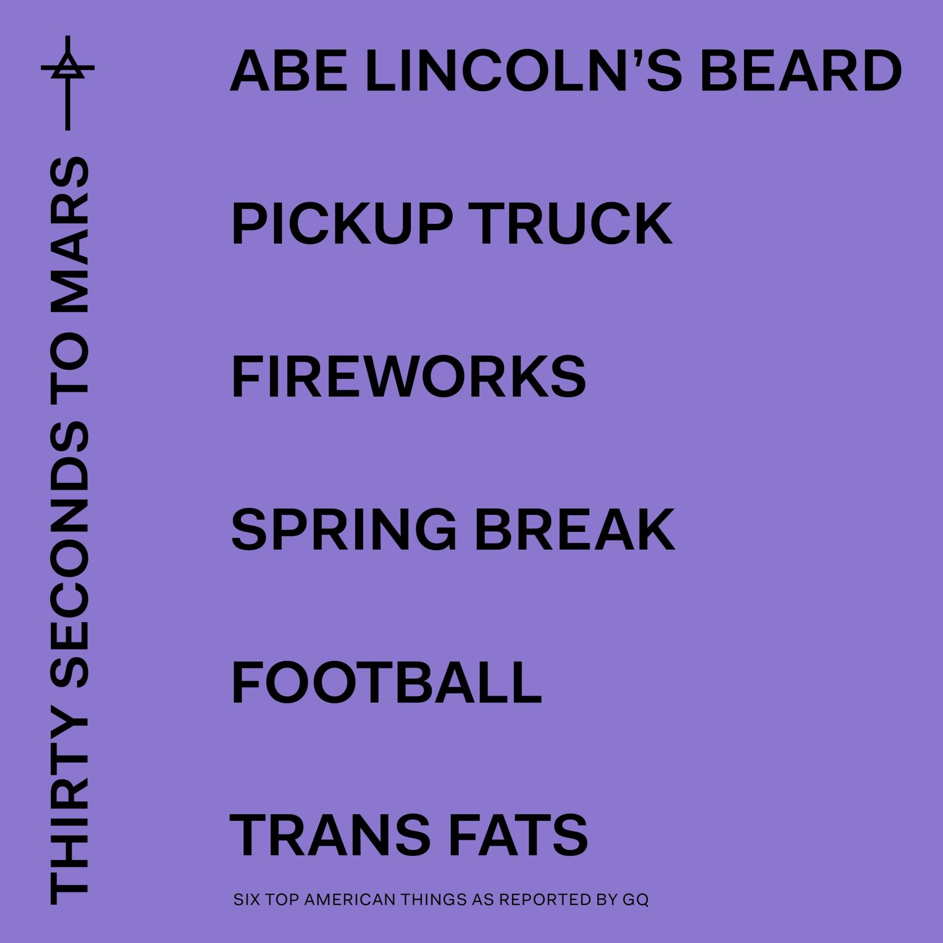 Paarse achtergrond met lijst: Abe's baard, pick-up, vuurwerk, spring break, voetbal en transvetten.