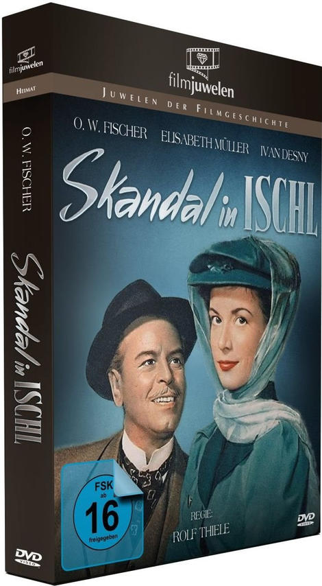 DVD-Hülle für Skandal in Ischl. Zwei Schauspieler in einem Vintage-Foto auf blauem Hintergrund.