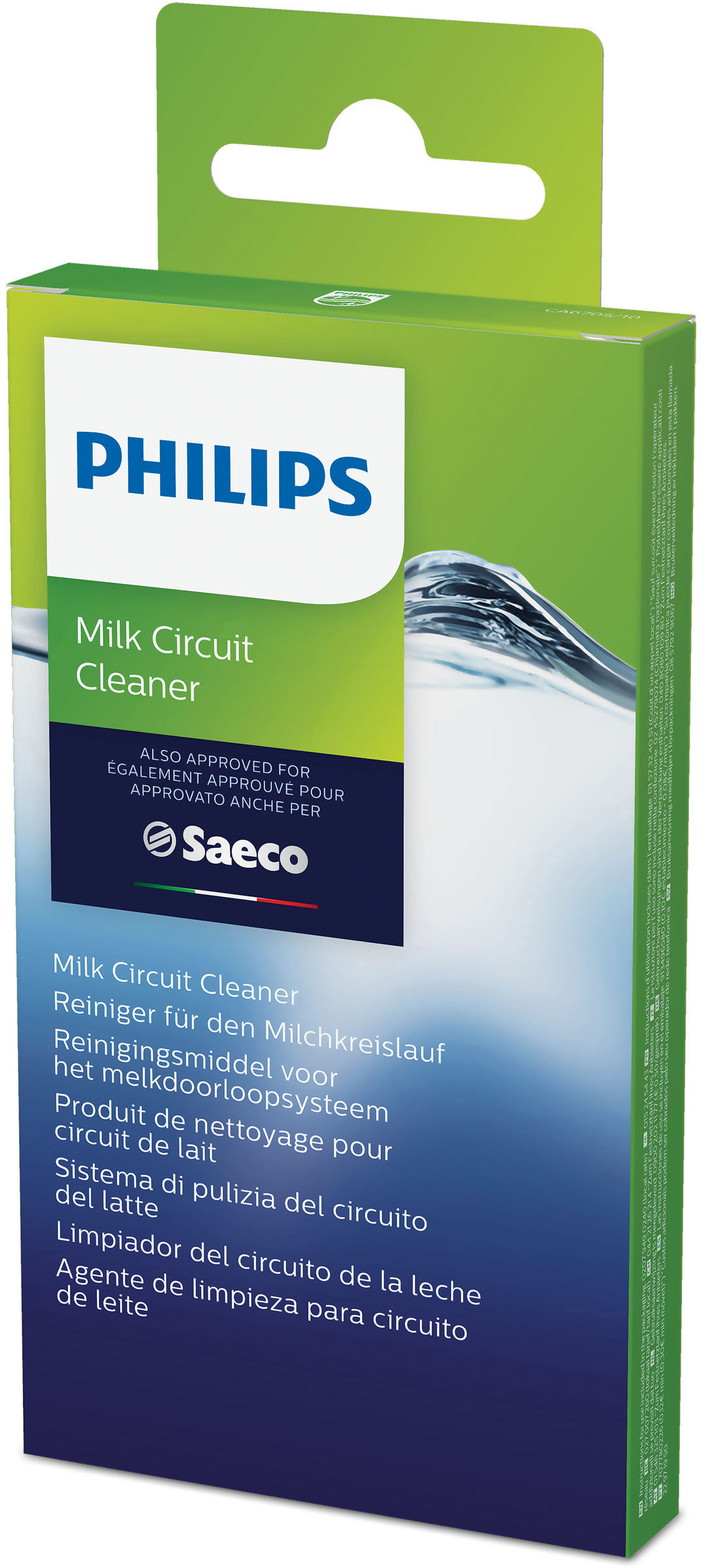 Eine Philips Milk Circuit Cleaner-Box, grün und weiß, mit Produktdetails in mehreren Sprachen.