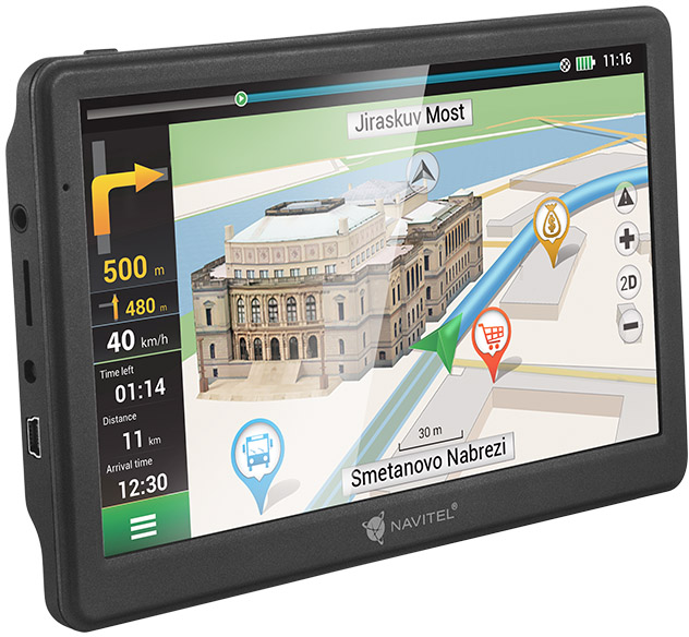 GPS-készülék térképet jelenít meg. Épület- és út részletek. Fekete keret.
