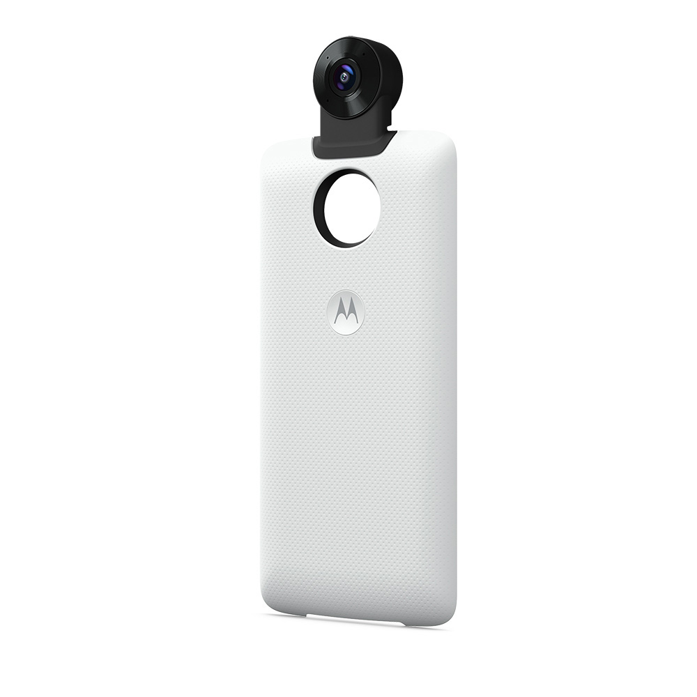 Weißes Moto Mod mit schwarzem Objektivaufsatz auf weißem Hintergrund.
