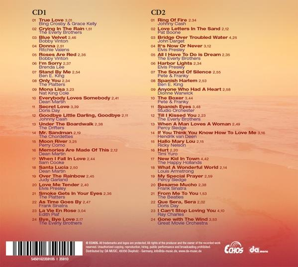Ein CD-Cover mit Songtiteln und einer Liste von Künstlern. Das Cover hat ein rotes und violettes Farbschema.