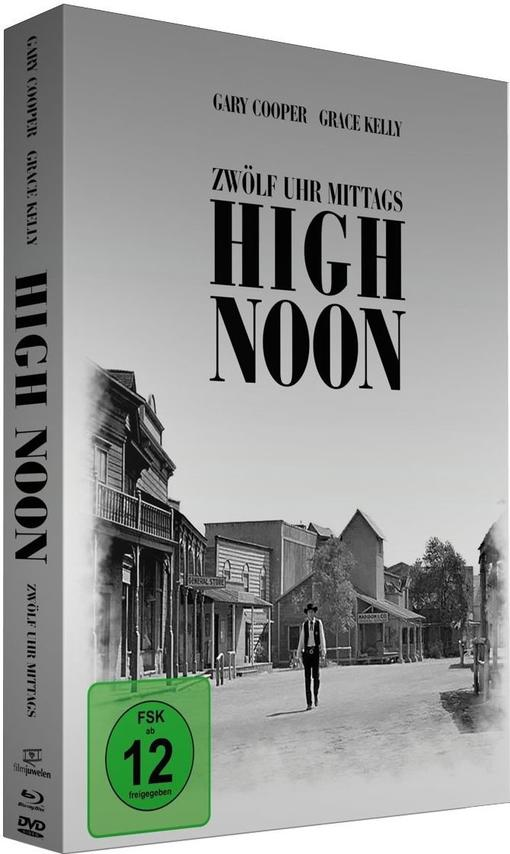 Filmcover: High Noon. Mann geht auf Straße, Gebäude auf beiden Seiten.