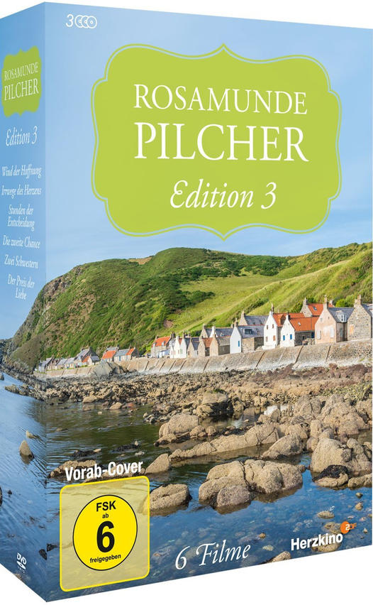 DVD-Hülle von Rosamunde Pilcher Edition 3. Sie zeigt eine Küstenlandschaft mit kleinen Häusern.