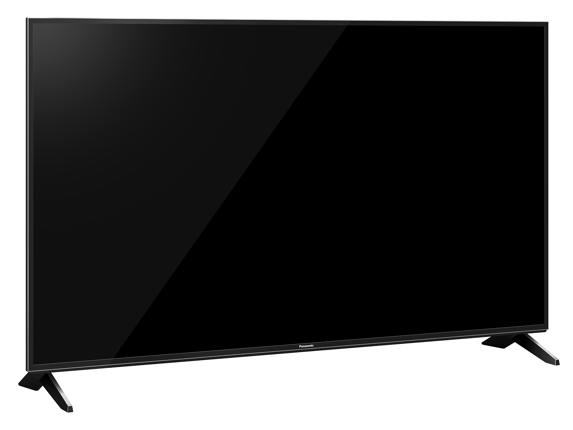 Schwarzer Panasonic-Fernseher mit schwarzen Beinen. Der Bildschirm ist eingeschaltet.
