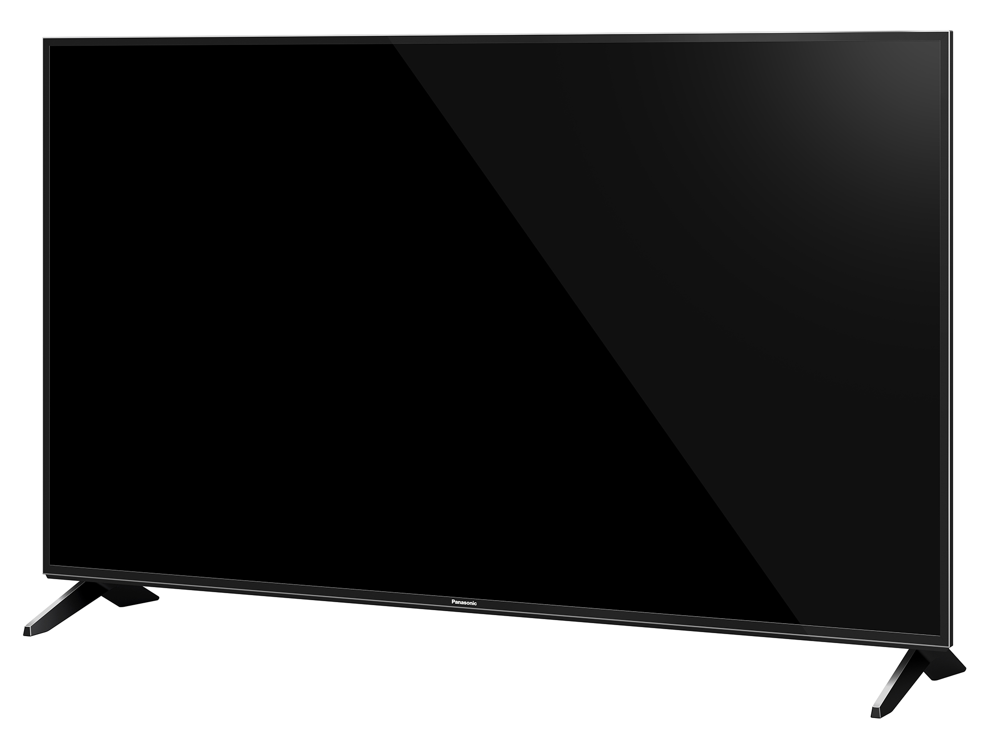 Ein großer schwarzer Fernseher mit schwarzem Rahmen und zwei Beinen. Der Bildschirm ist aus.