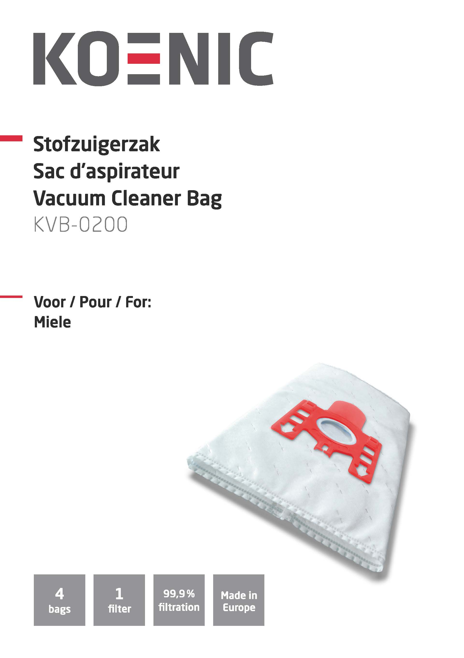 A white vacuum cleaner bag with a red plastic attachment. Text reads: Stofzuigerzak, Vacuum Cleaner Bag, KVB-0200, Miele.