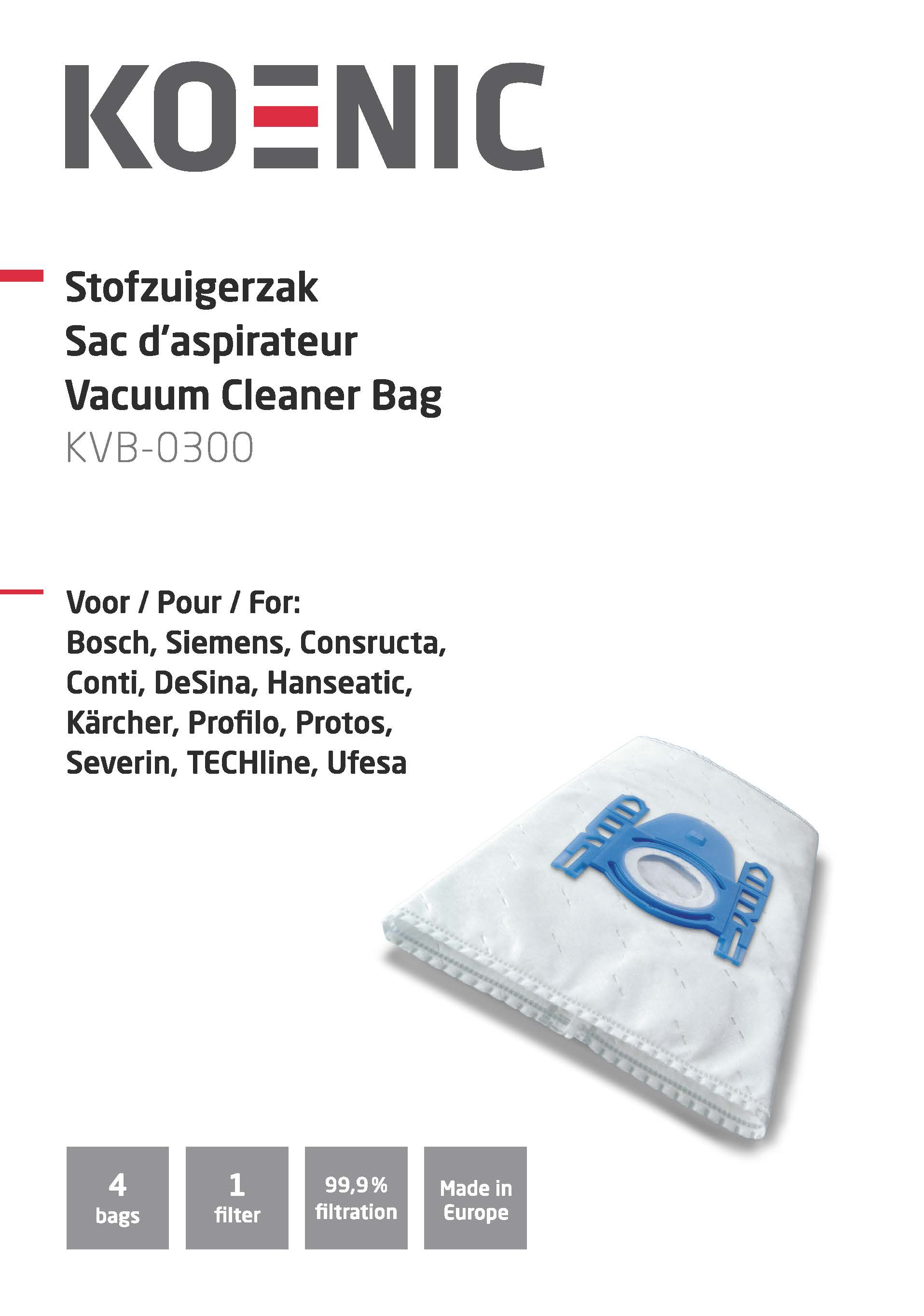 Vacuum cleaner bag with blue plastic attachment. Text: KOENIC, Vacuum Cleaner Bag, and brands. 4 bags, 1 filter, 99.9% filtration.