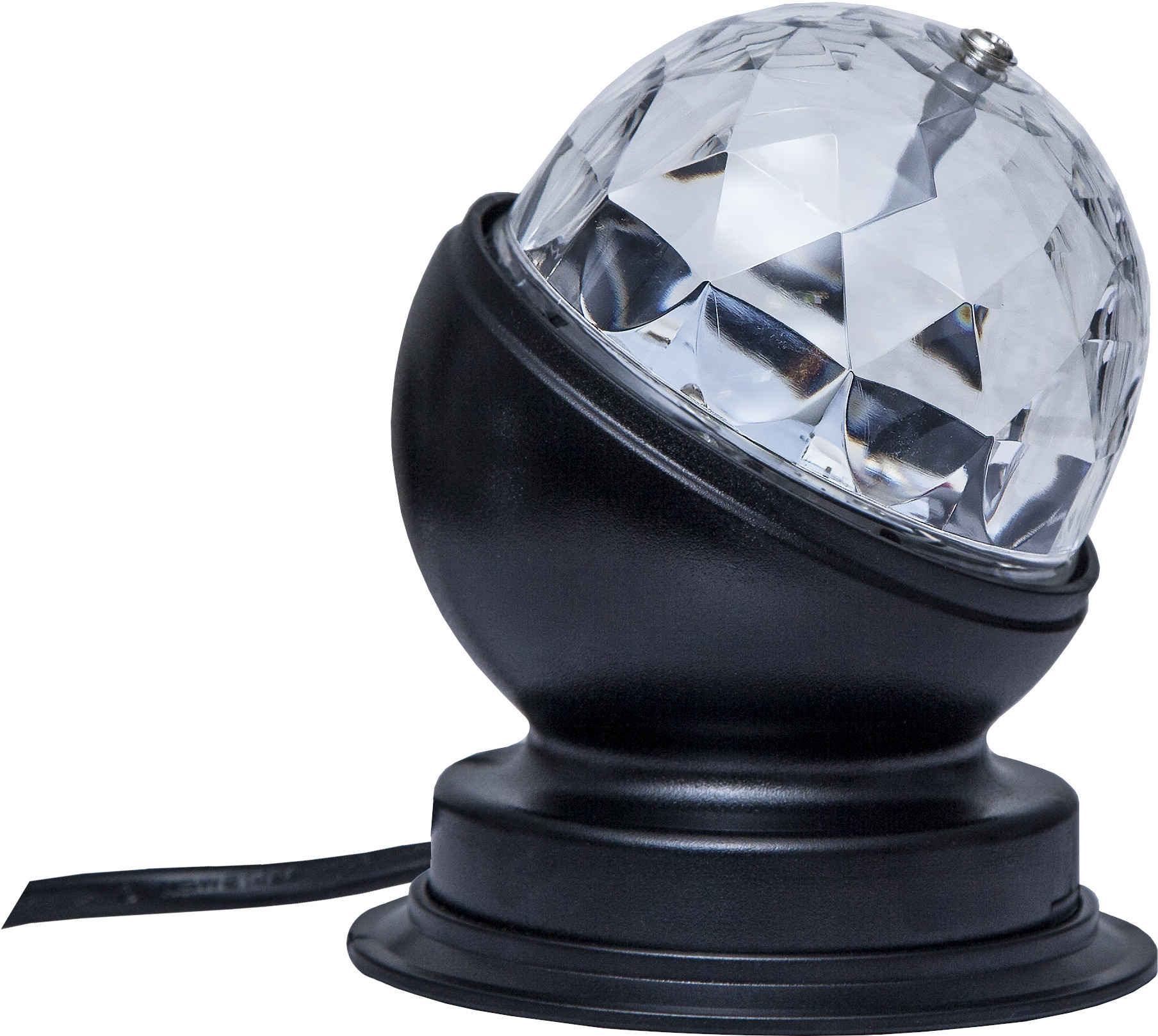 Une boule disco lumineuse sur une base noire, sur fond blanc.