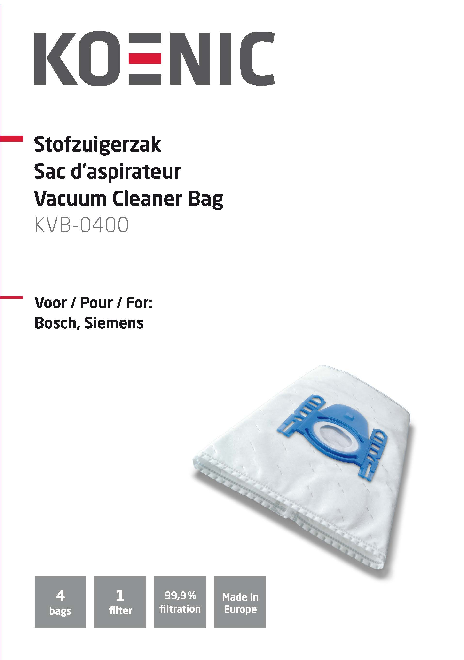 White vacuum cleaner bag with blue plastic top. Text includes product info, brand name, and icons about filtration.