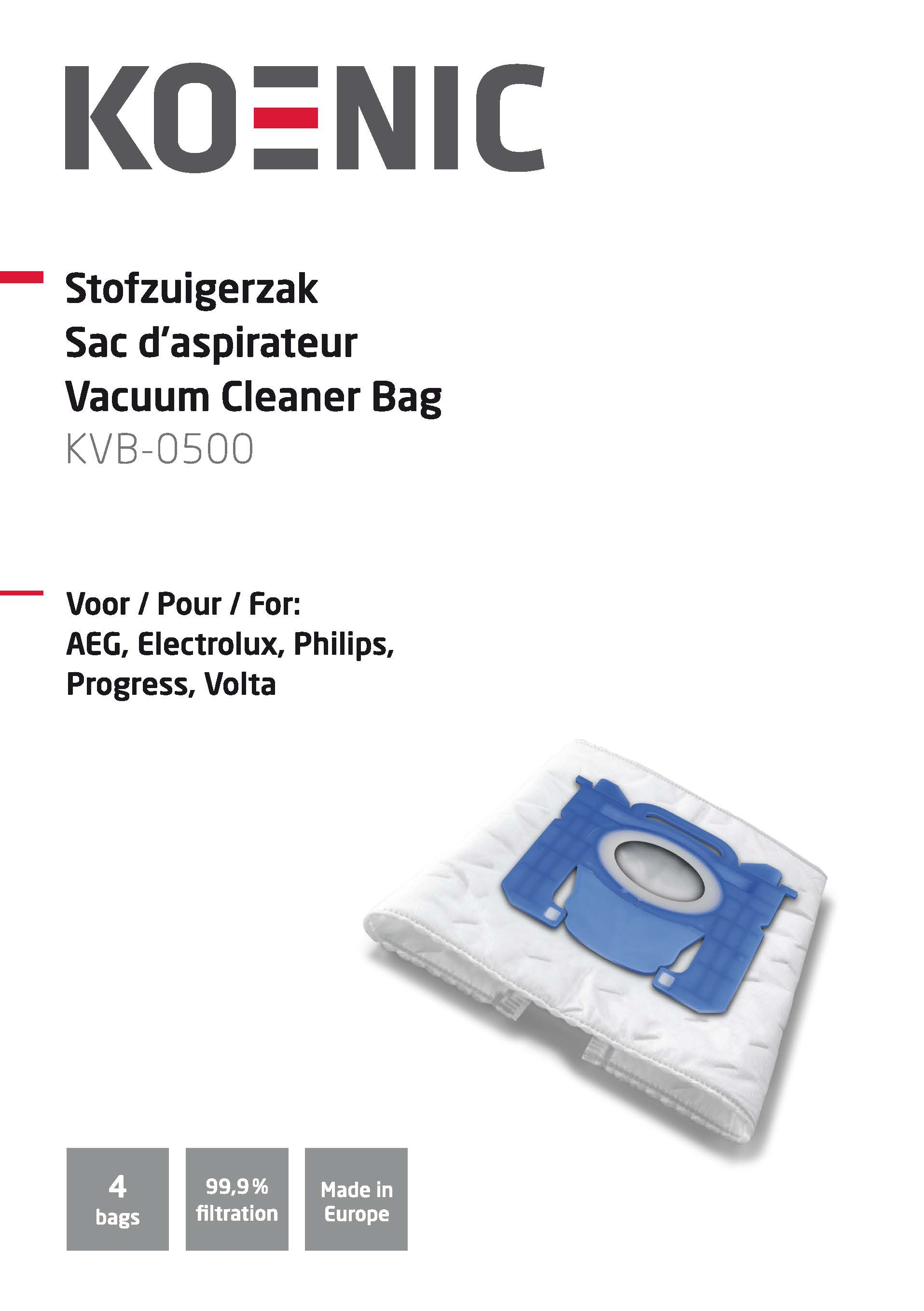 Vacuum cleaner bag. White with a blue plastic component. Text says 'KOENIC' and 'Vacuum Cleaner Bag'.