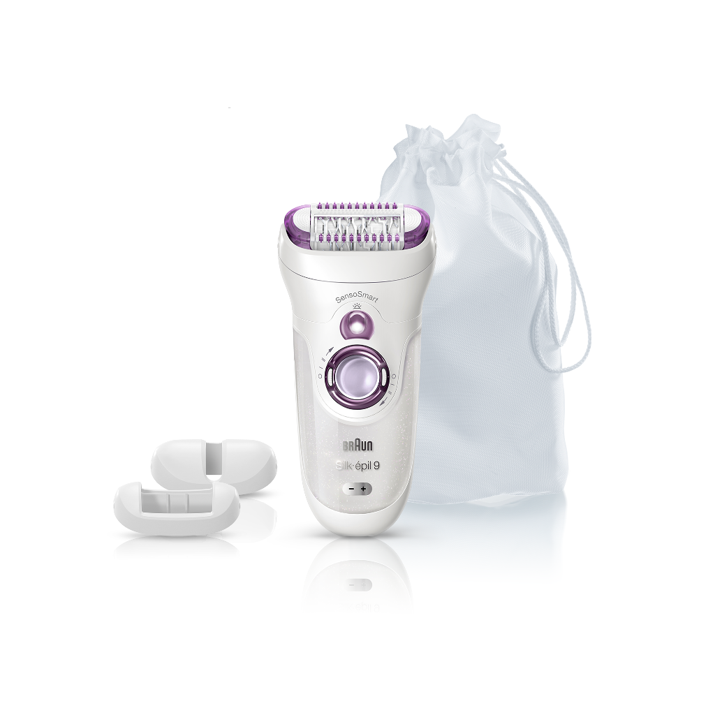 Braun Silk-épil 9 epilátor, fehér és lila, tartozékokkal és fehér tasakkal.
