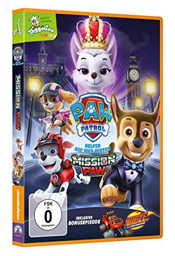 DVD-Cover des Paw Patrol-Cartoons. Hunde und Charaktere auf der Vorderseite mit Londoner Kulisse.