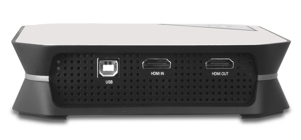 Black HDMI device with USB and HDMI ports, back view.