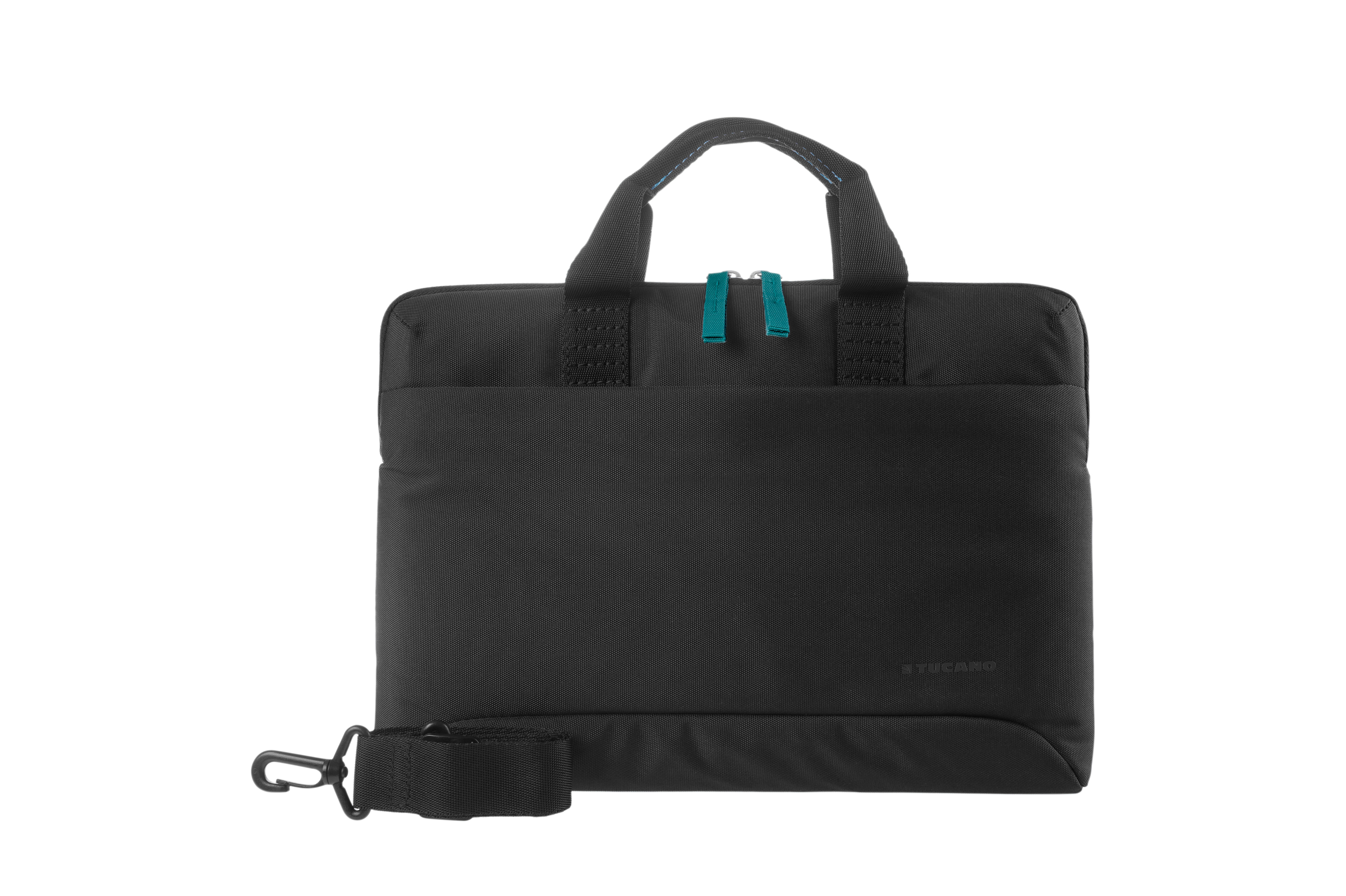 Schwarze Laptoptasche. Tragegriff und Schultergurt. TUCANO-Logo vorne.