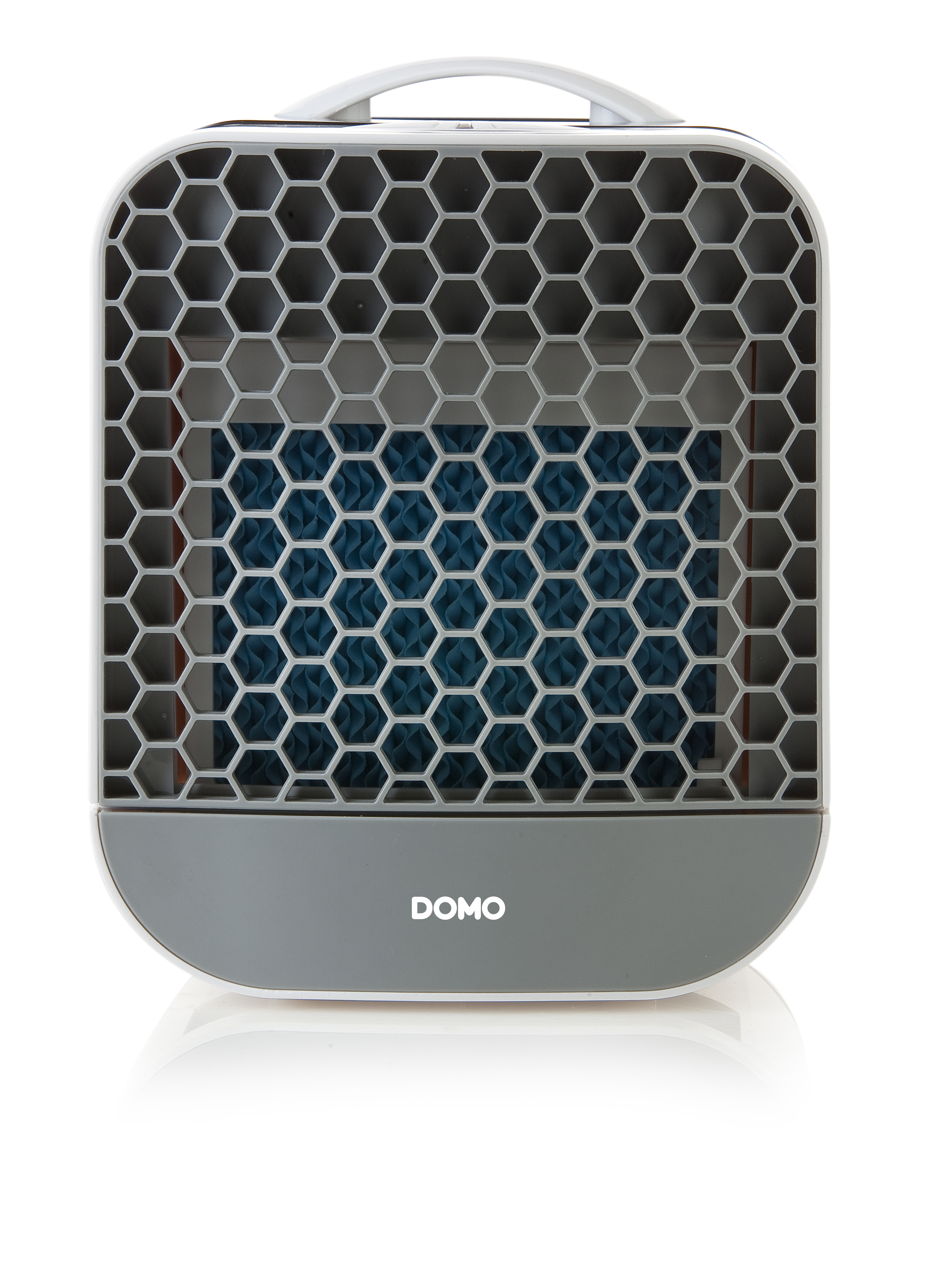 Un refroidisseur d'air gris et blanc avec une poignée. Il possède une grille en nid d'abeille et un filtre bleu visible à travers.