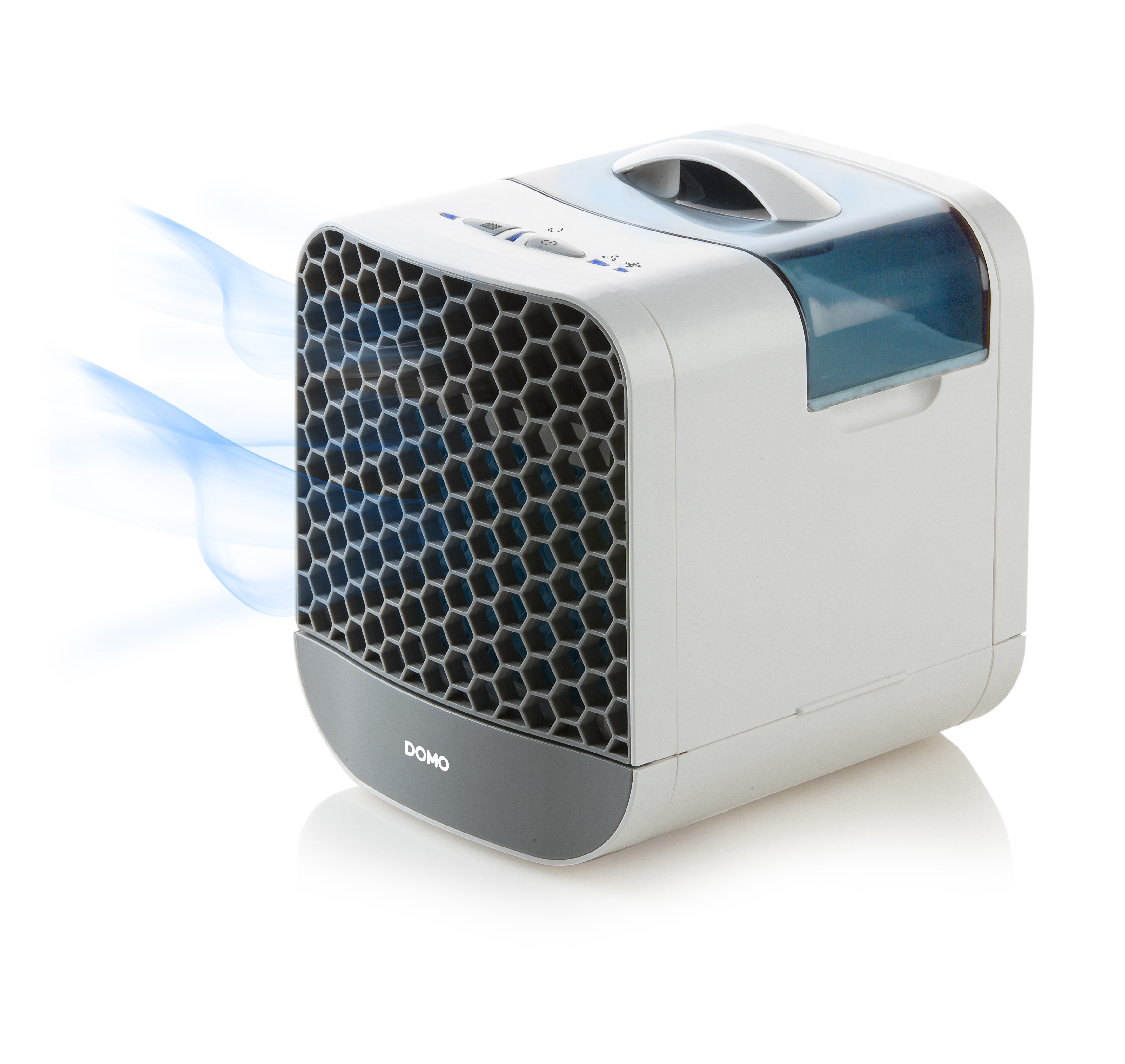 Refroidisseur d'air blanc et gris. Effet de fumée bleue à gauche. Grille en nid d'abeille. Marque DOMO.