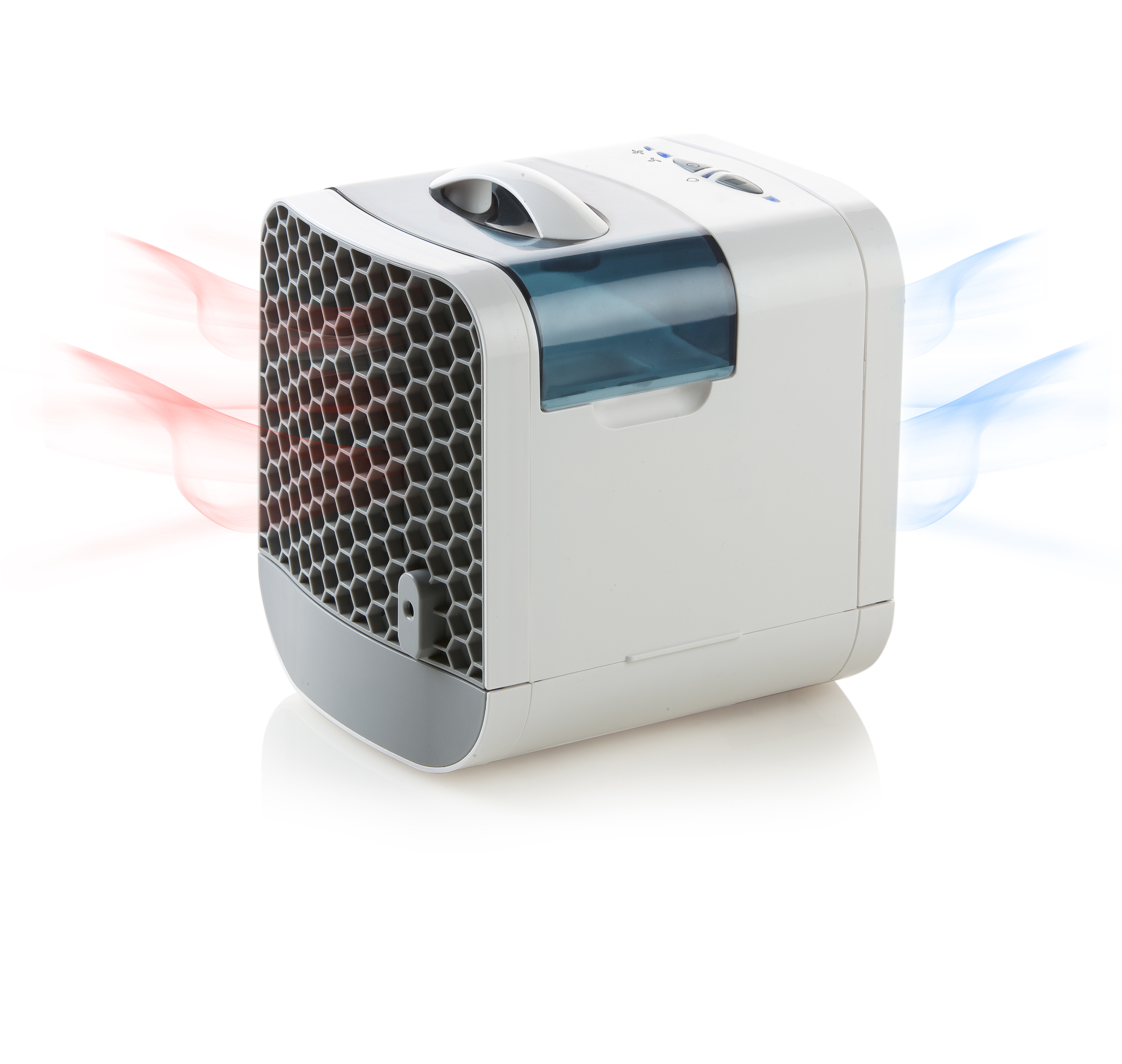 Un refroidisseur d'air portable blanc et gris avec une grille en nid d'abeille. Des graphiques de flux d'air rouge et bleu émanent du refroidisseur.