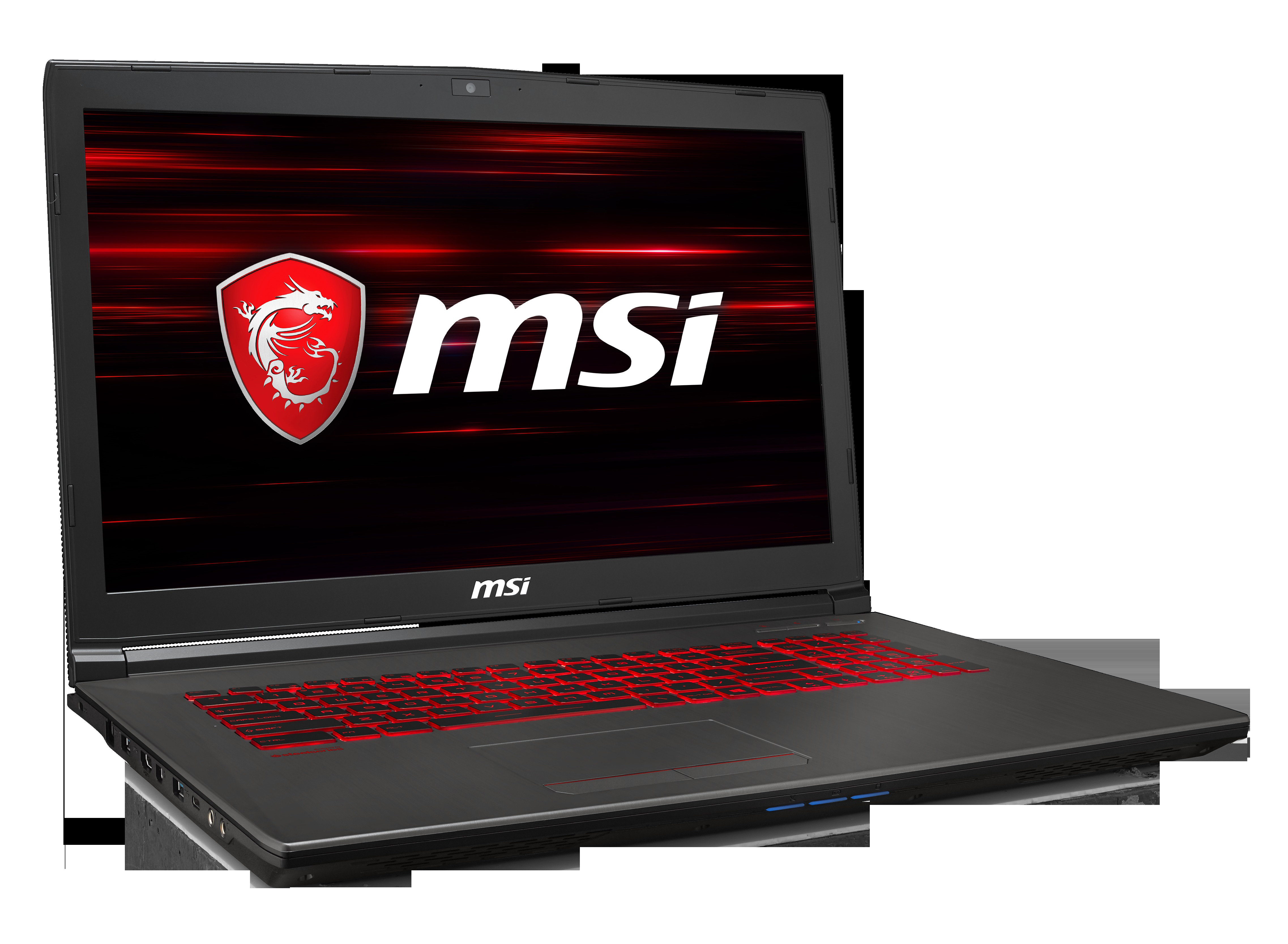 Ein schwarzes MSI-Laptop mit rot hinterleuchteter Tastatur und Bildschirm, der ein Drachenlogo und den Markennamen zeigt.