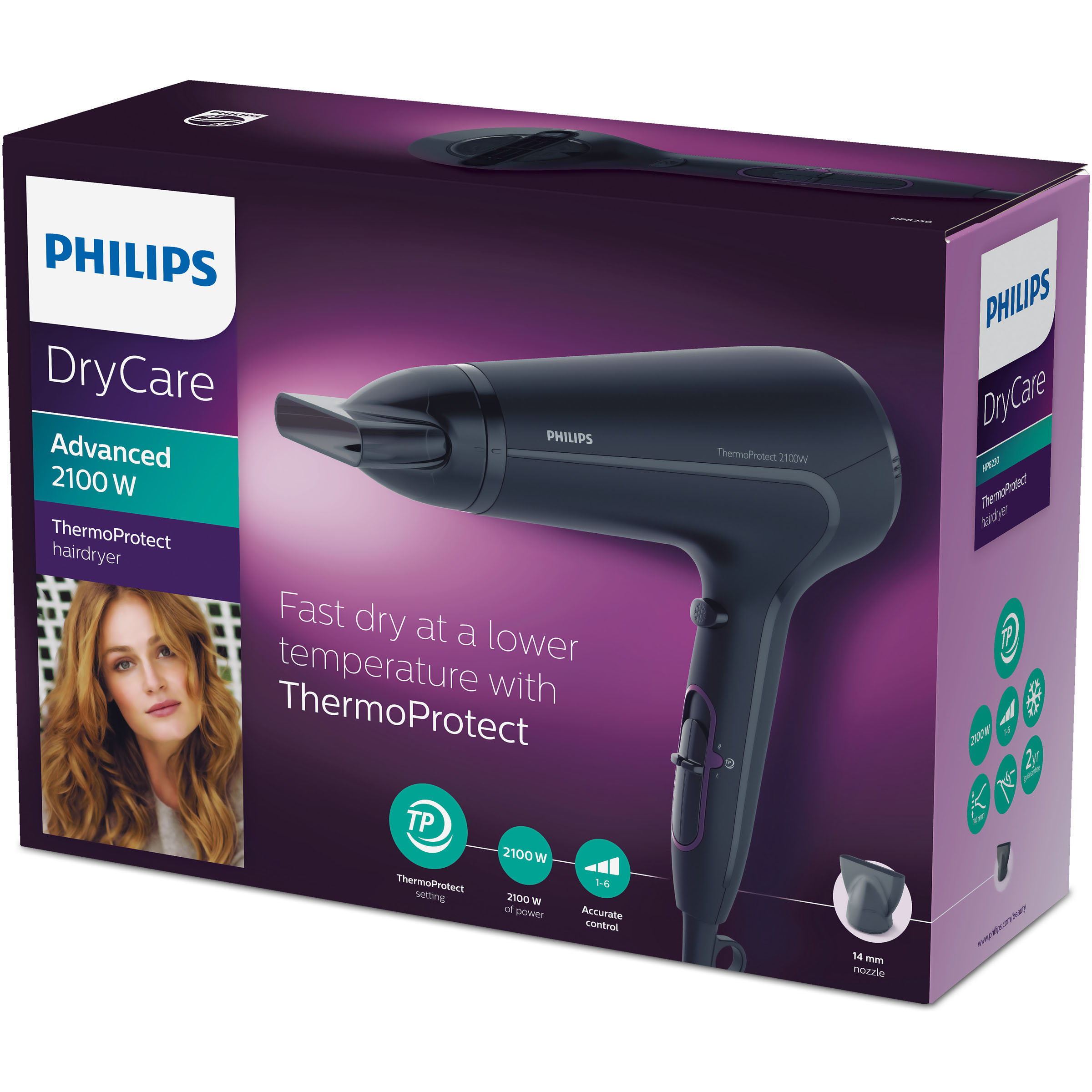 Box des Philips DryCare Haartrockners, schwarzer Haartrockner ist sichtbar, weißer Hintergrund.