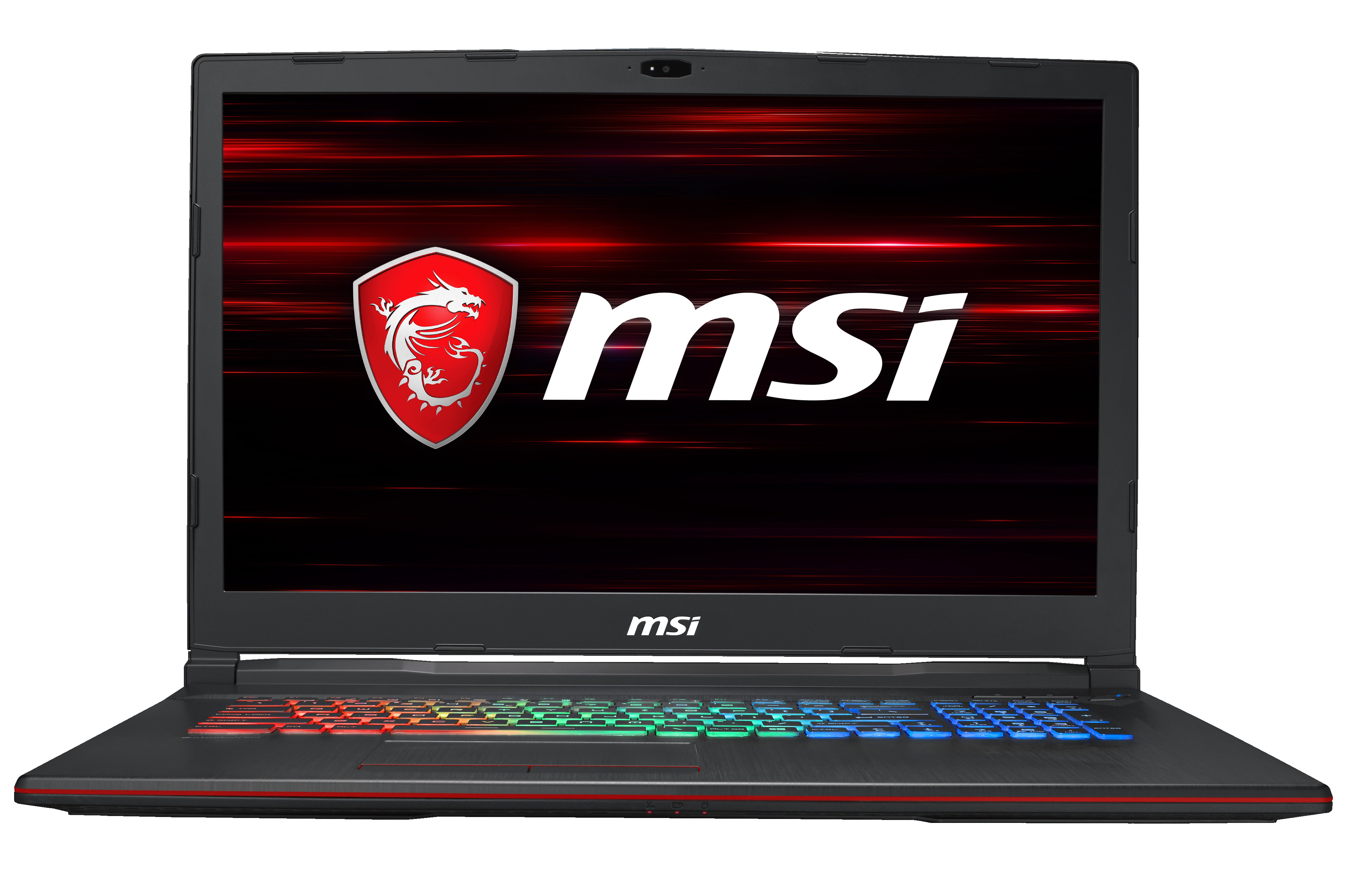 Ein schwarzes und rotes MSI-Laptop mit MSI-Logo auf dem Bildschirm und bunter Tastatur.