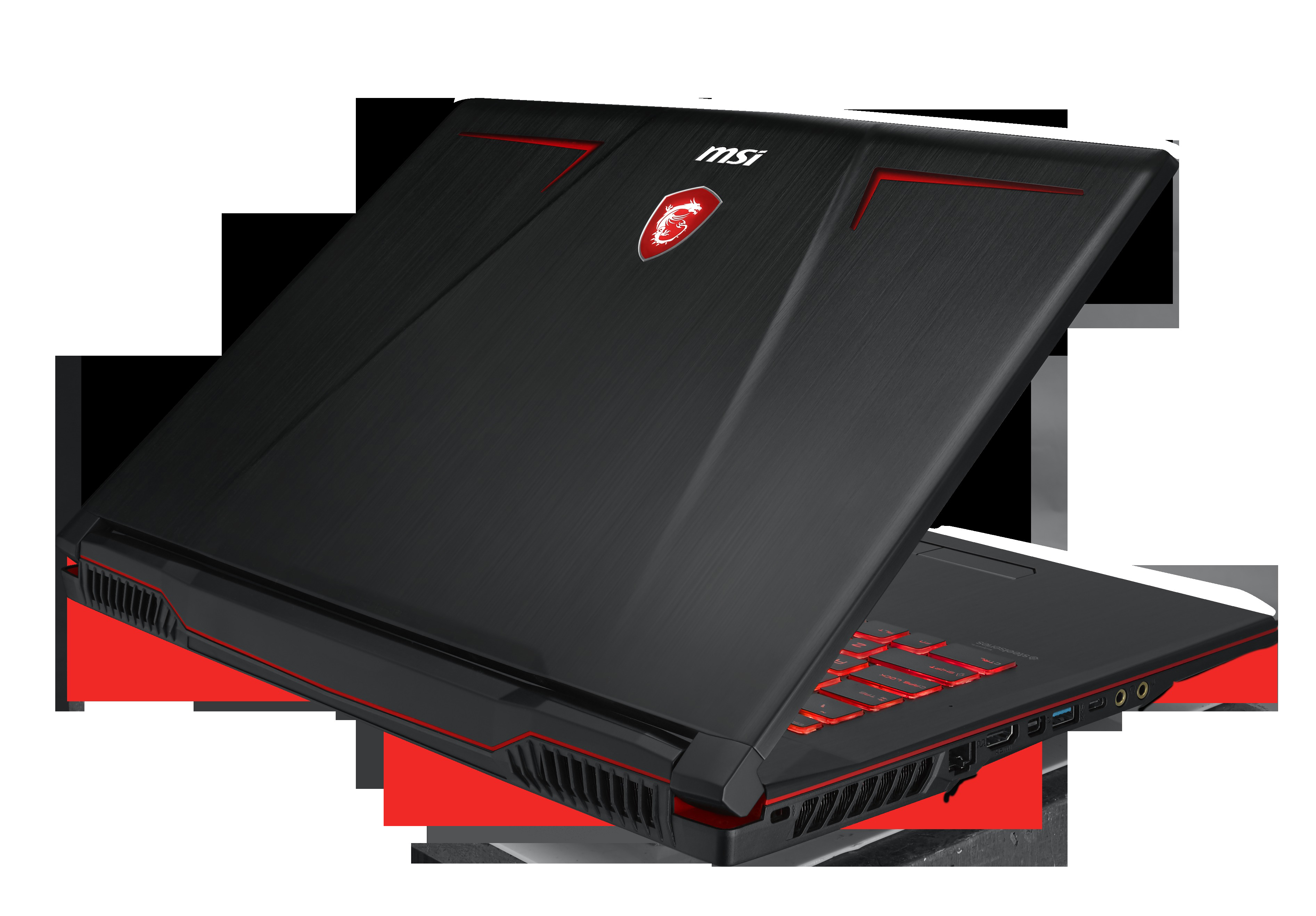 Schwarzer Laptop mit roten Akzenten, MSI-Logo. Der Deckel ist geöffnet und zeigt die Tastatur.