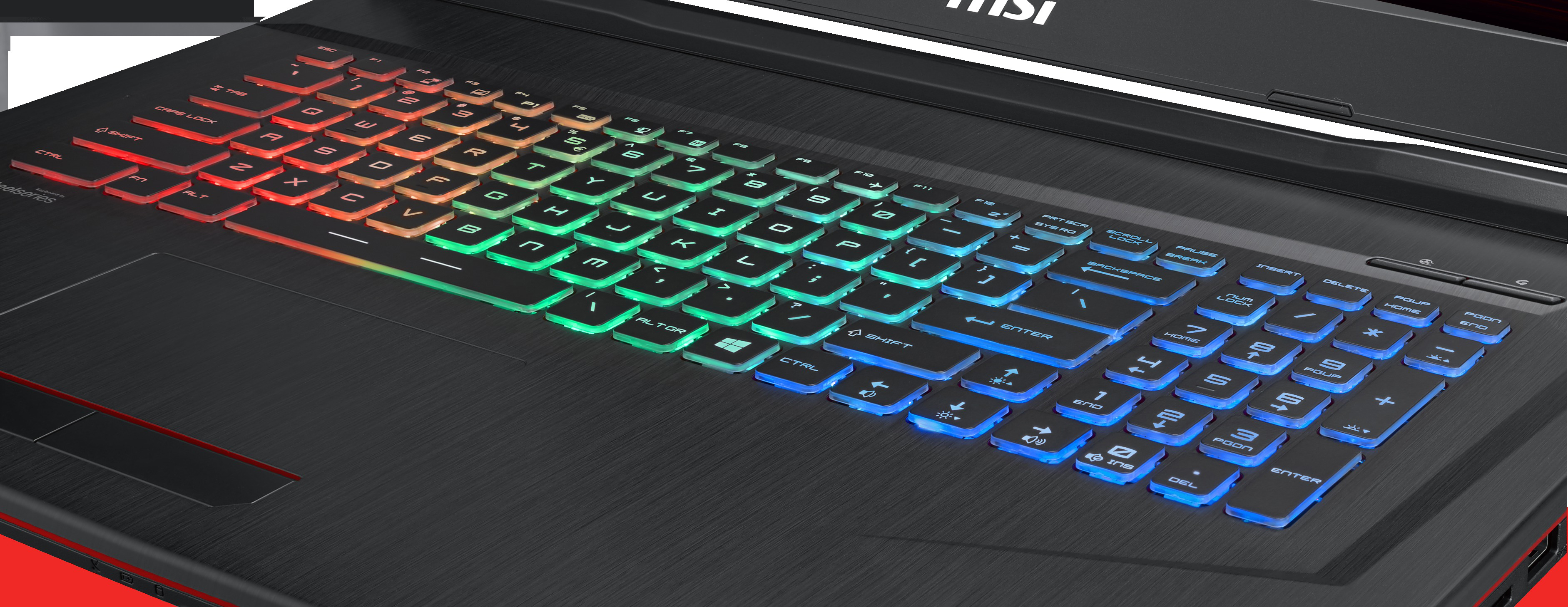Laptop-Tastatur mit hintergrundbeleuchteten Regenbogen-Tasten. Schwarzer Rahmen. MSI-Logo. Nahaufnahme, schräge Ansicht.