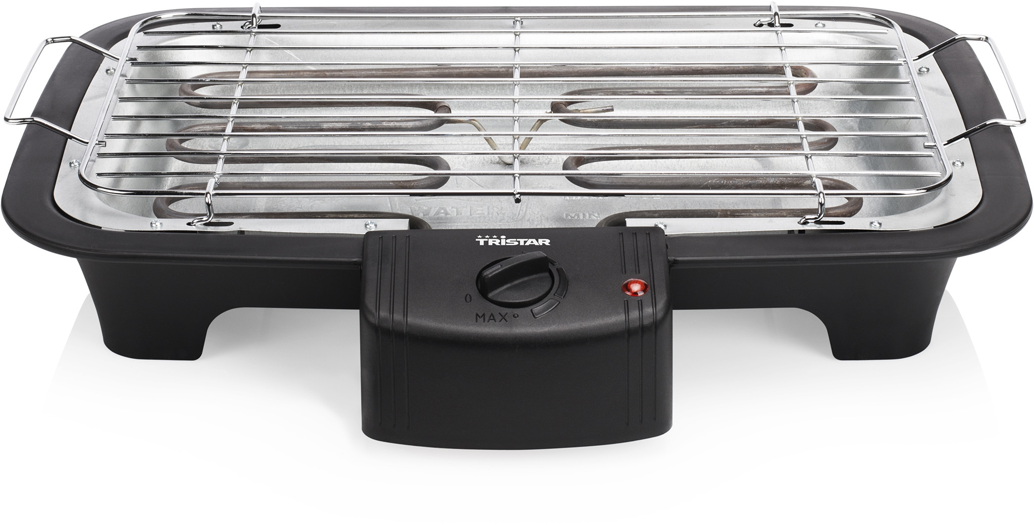 Elektrische grill met verwarmingselementen en een temperatuurknop. Zwarte basis, zilveren grill.
