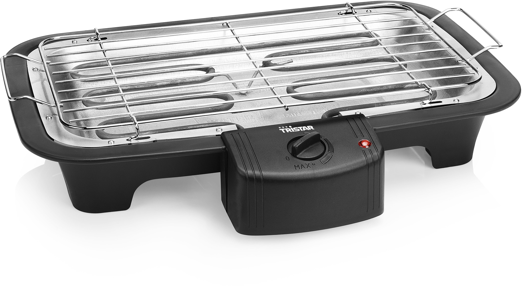 Zwarte Tristar elektrische grill met een verwarmingselement en temperatuurregeling.