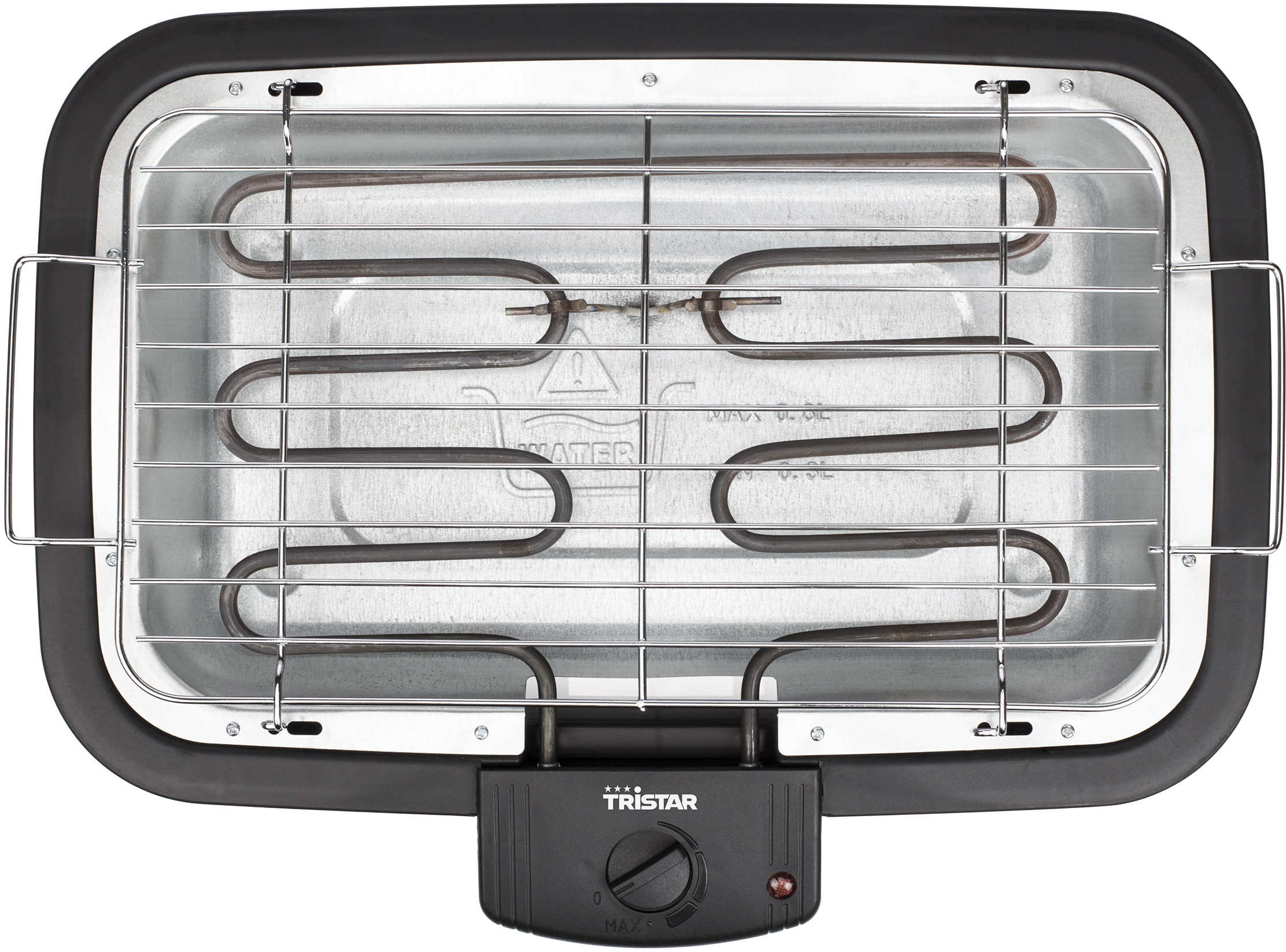 Een zwarte elektrische grill met een verwarmingselement en temperatuurregeling.