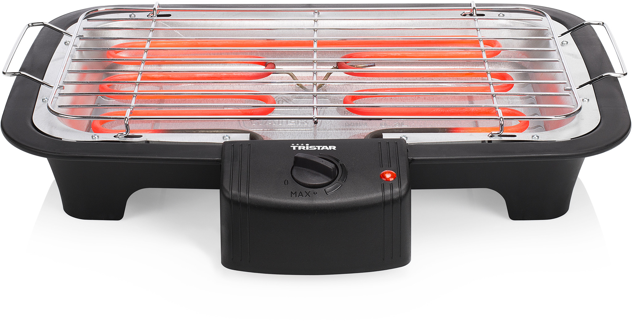 Een elektrische grill. De grill heeft een zwarte basis met een temperatuurregelkno en een rood lampje.