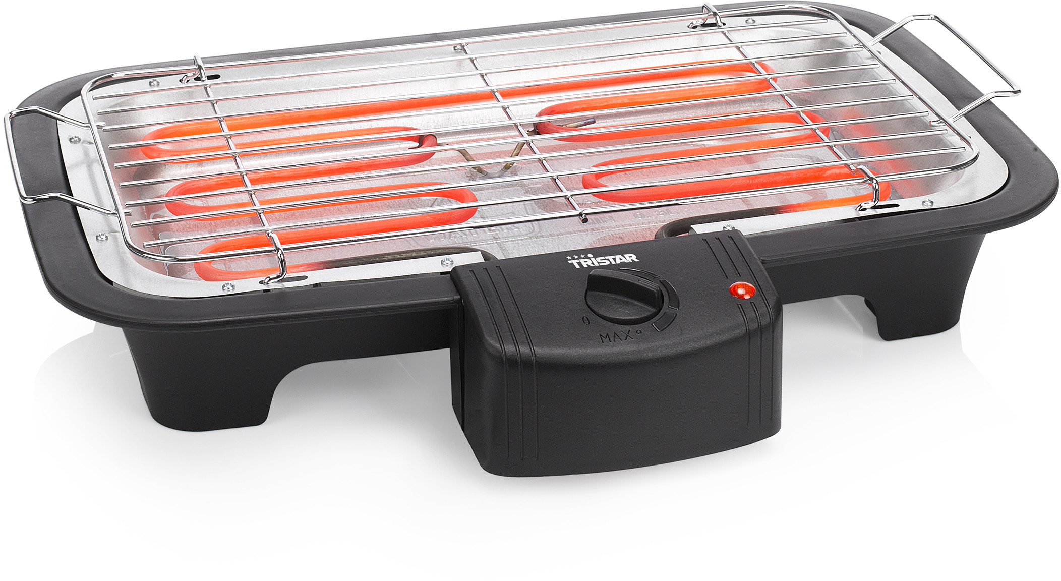 Elektrische grill met verwarmingselementen. Heeft een zwarte basis, een chromen rooster en een bedieningspaneel.
