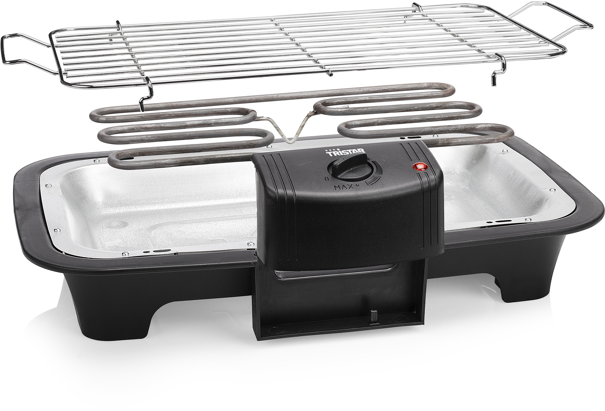 Een elektrische grill met een verwarmingselement en een bedieningspaneel op een zwart oppervlak.