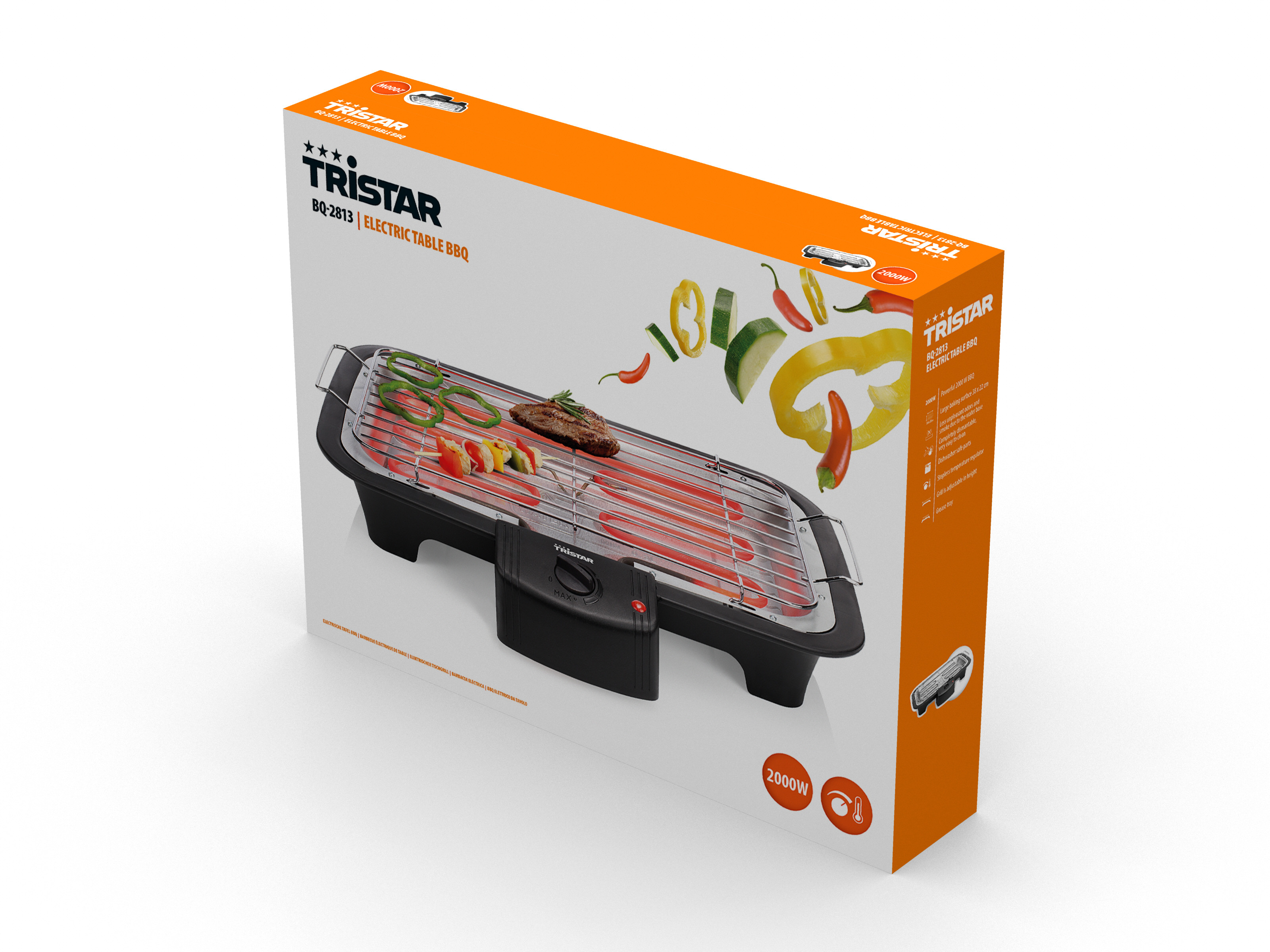 Een doos van Tristar elektrische tafel BBQ met een afbeelding van een barbecue en groenten.