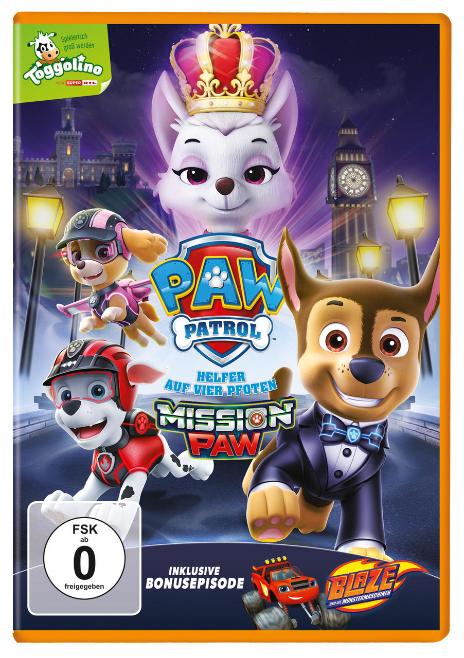 Paw Patrol DVD-Cover mit Zeichentrickhunden und einem Hasen, Text auf Deutsch.